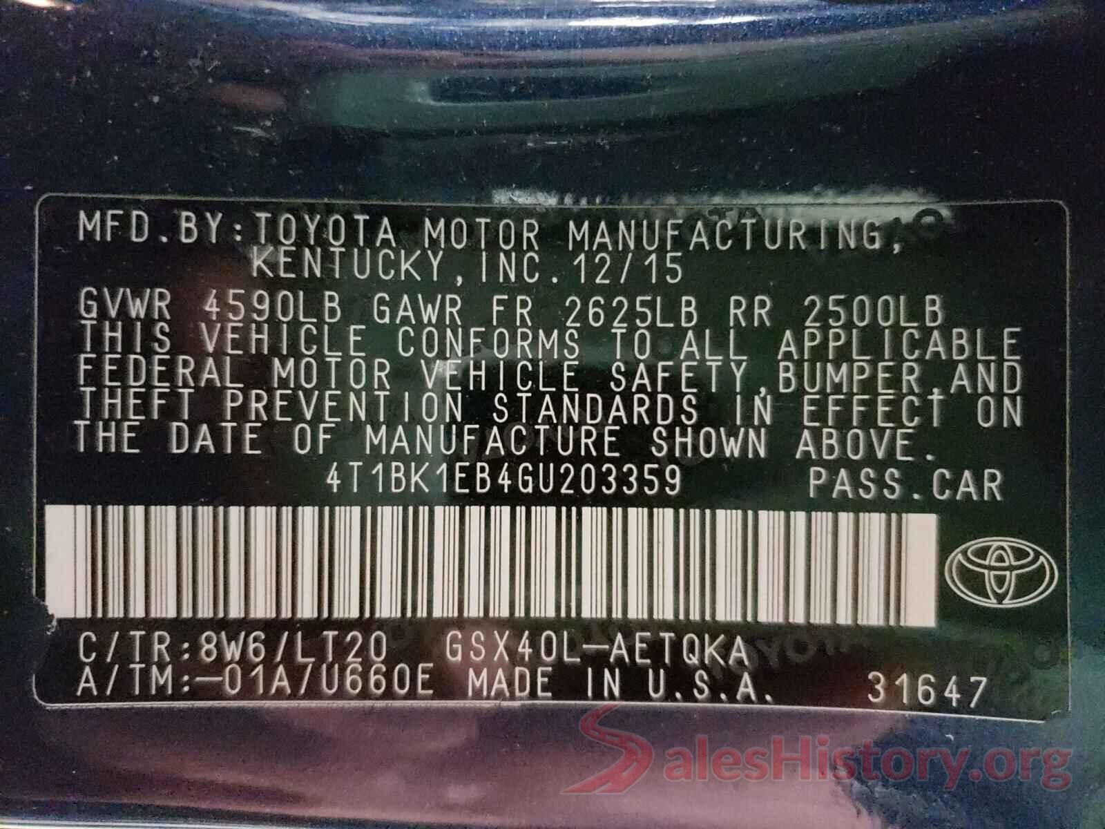 4T1BK1EB4GU203359 2016 TOYOTA AVALON