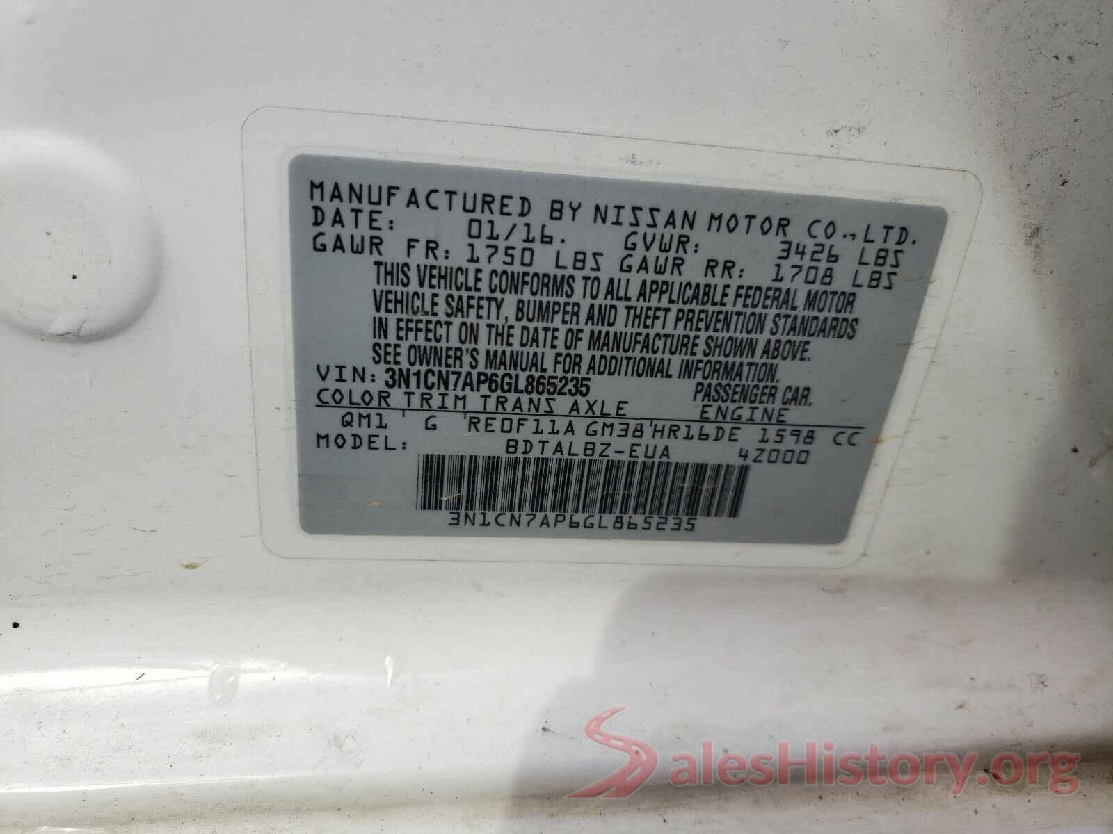 3N1CN7AP6GL865235 2016 NISSAN VERSA