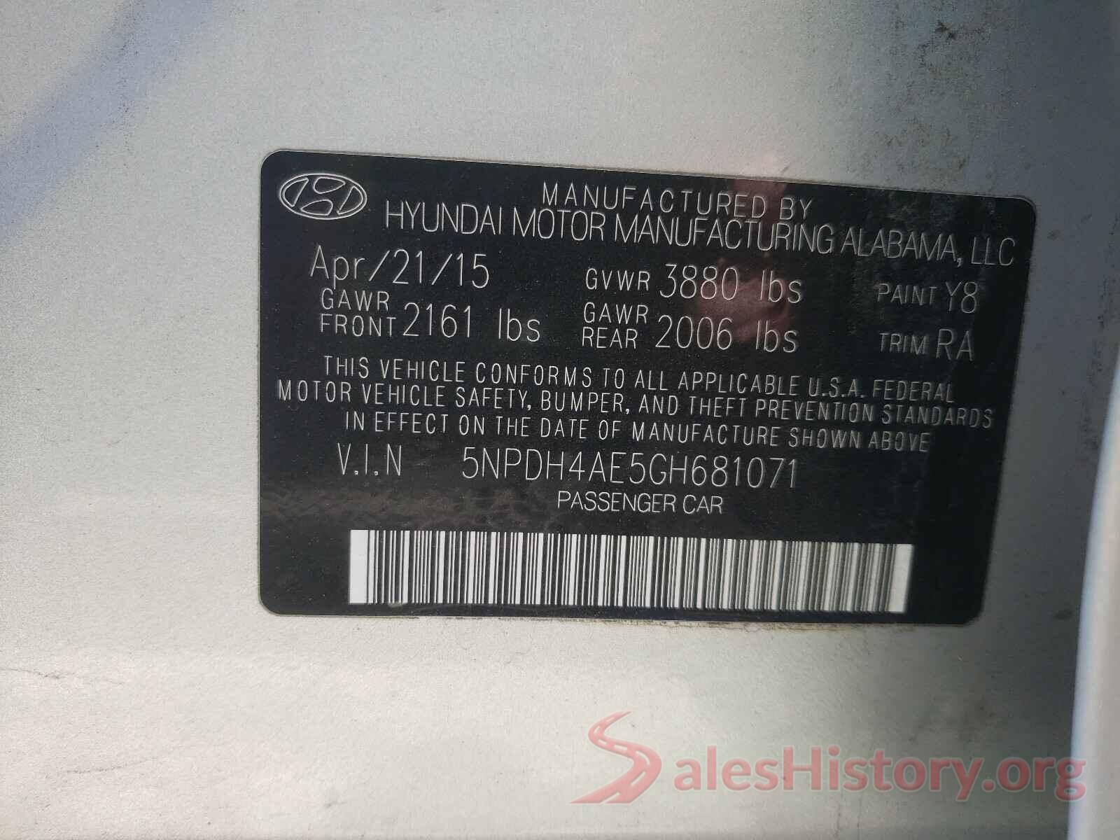 5NPDH4AE5GH681071 2016 HYUNDAI ELANTRA