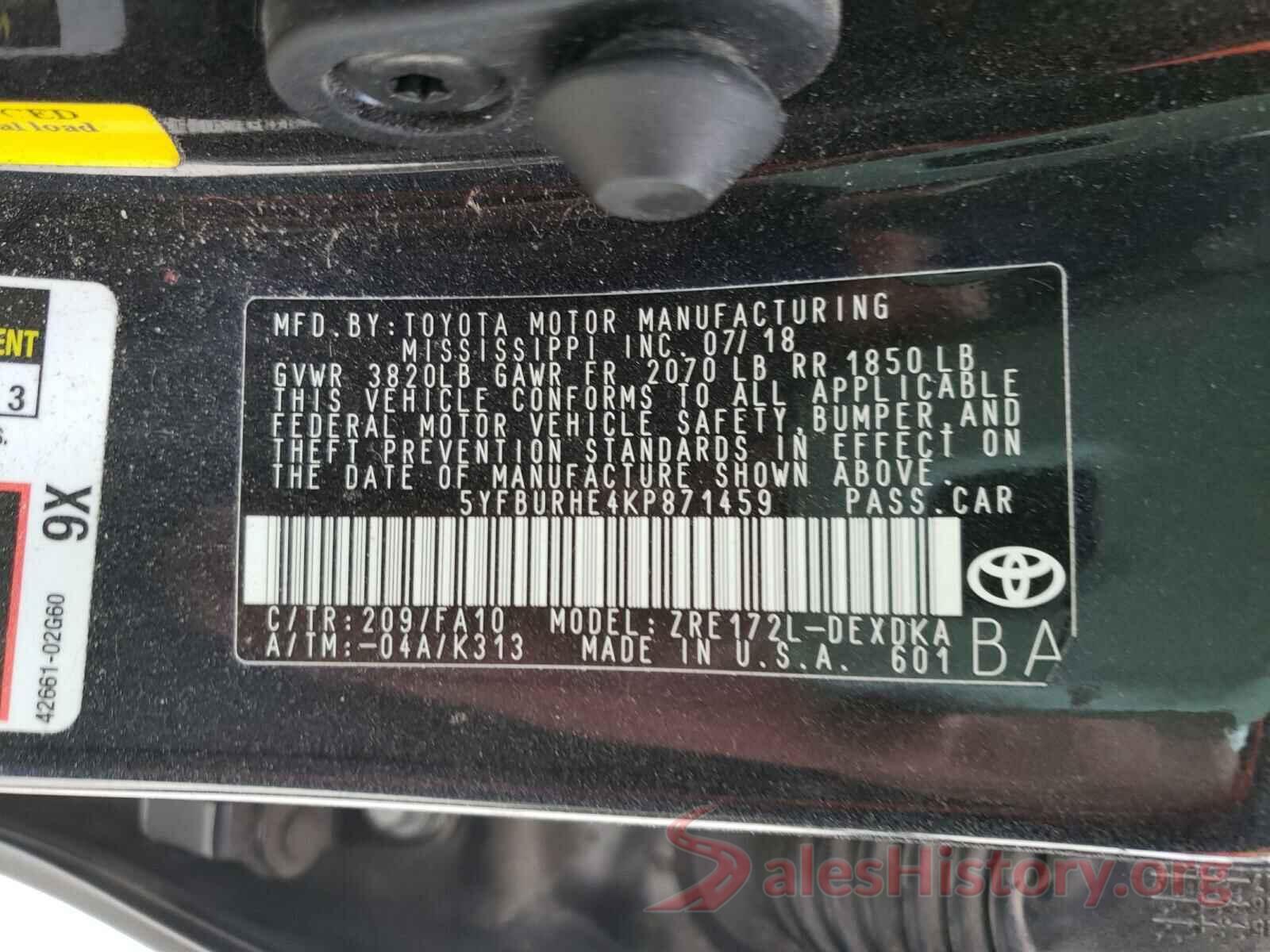 5YFBURHE4KP871459 2019 TOYOTA COROLLA