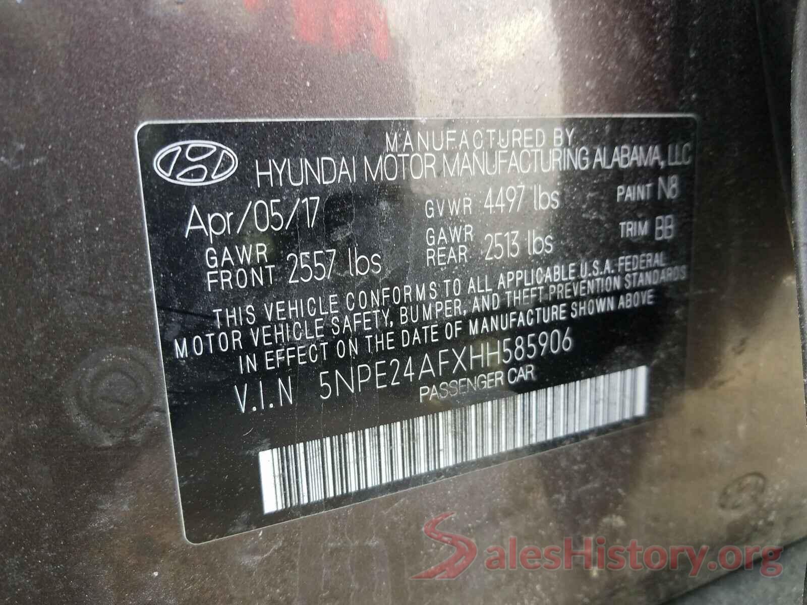 5NPE24AFXHH585906 2017 HYUNDAI SONATA