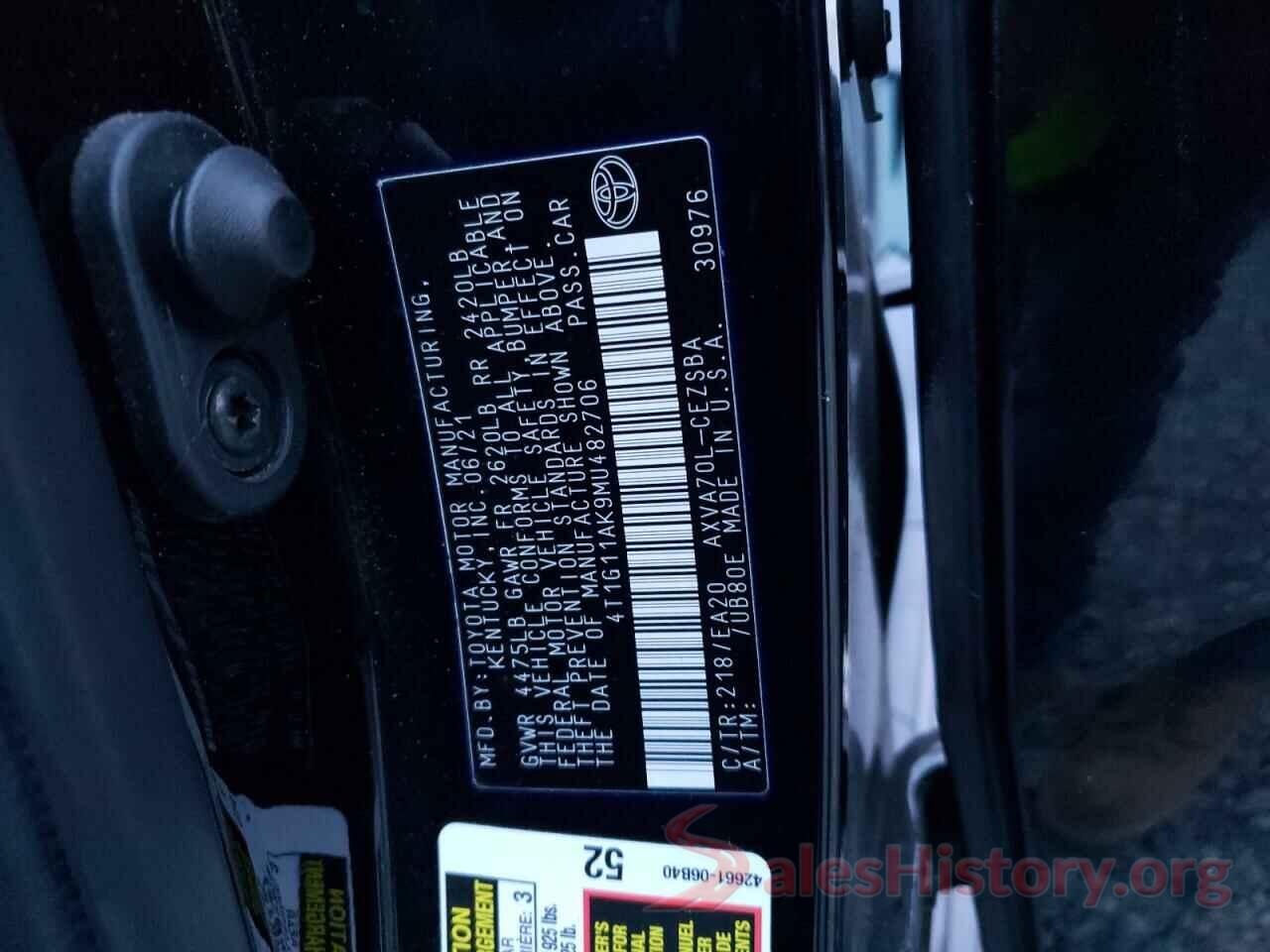 4T1G11AK9MU482706 2021 TOYOTA CAMRY