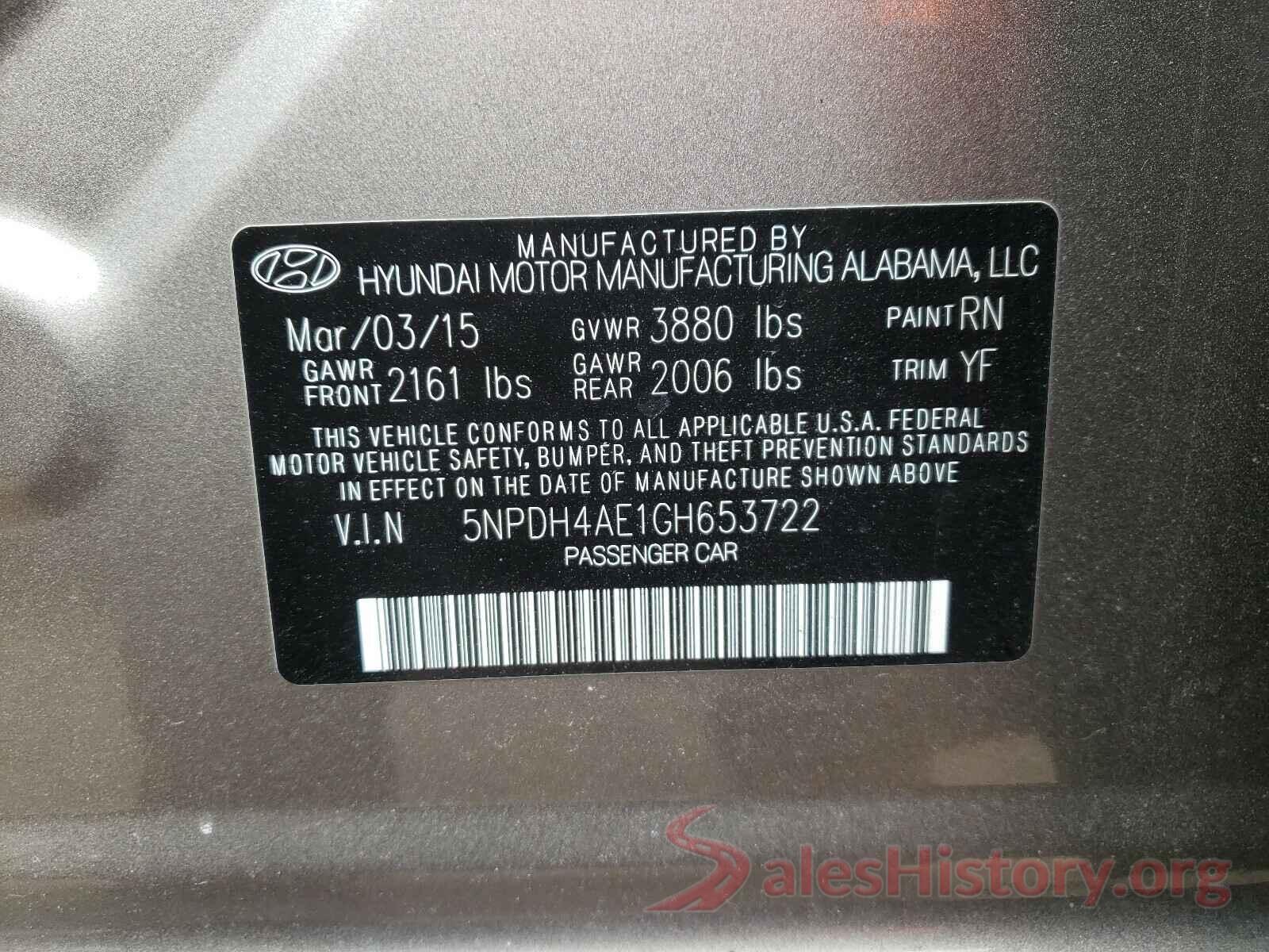 5NPDH4AE1GH653722 2016 HYUNDAI ELANTRA