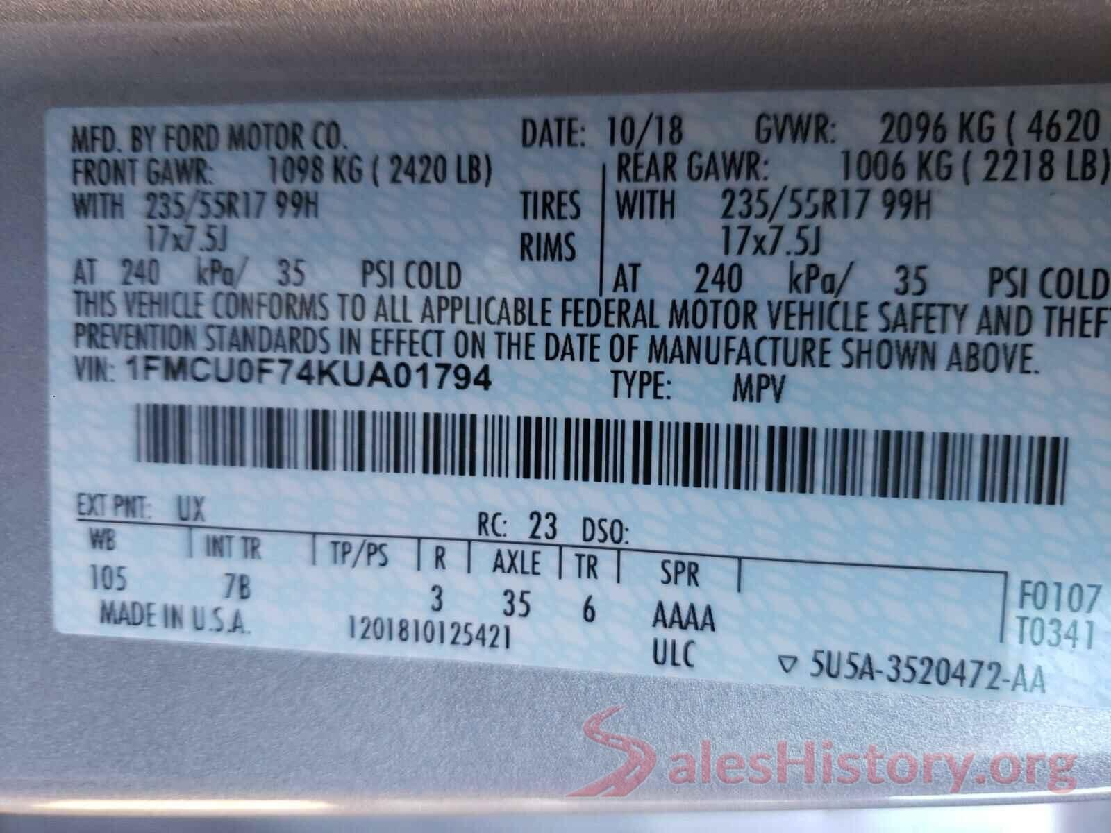 1FMCU0F74KUA01794 2019 FORD ESCAPE