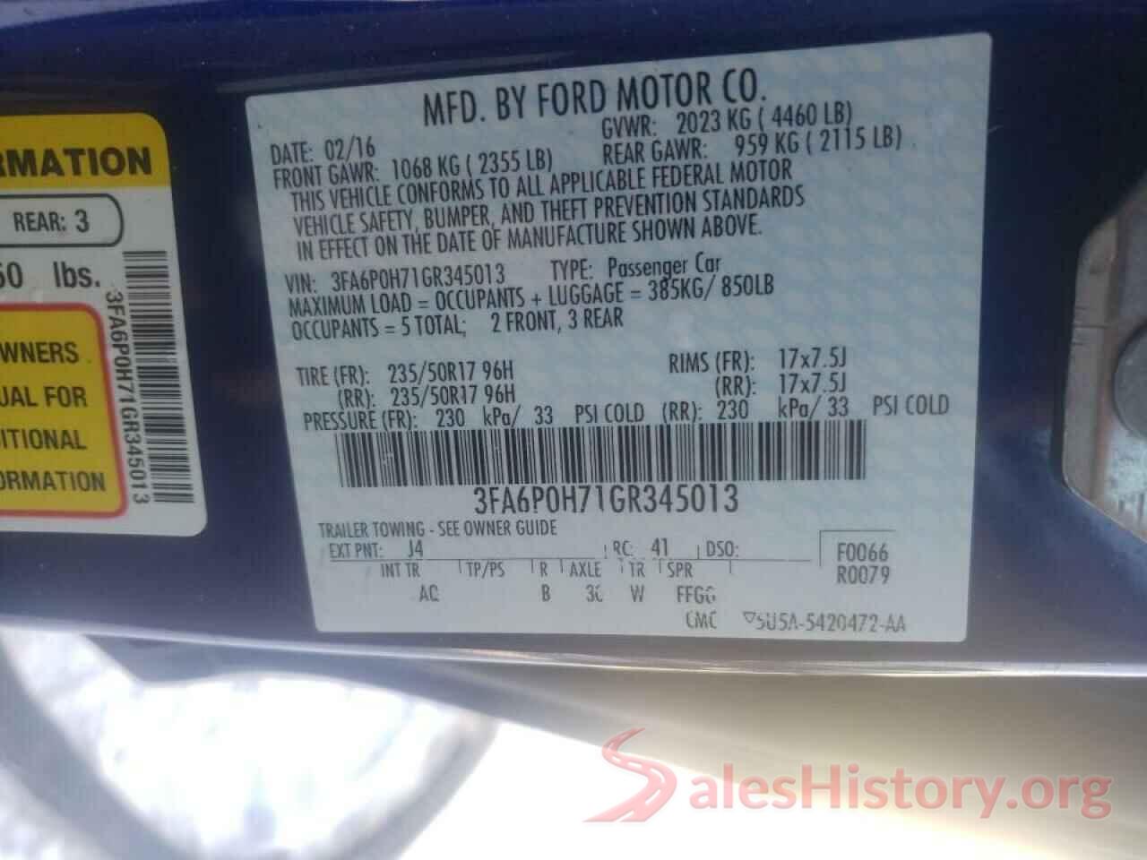 3FA6P0H71GR345013 2016 FORD FUSION