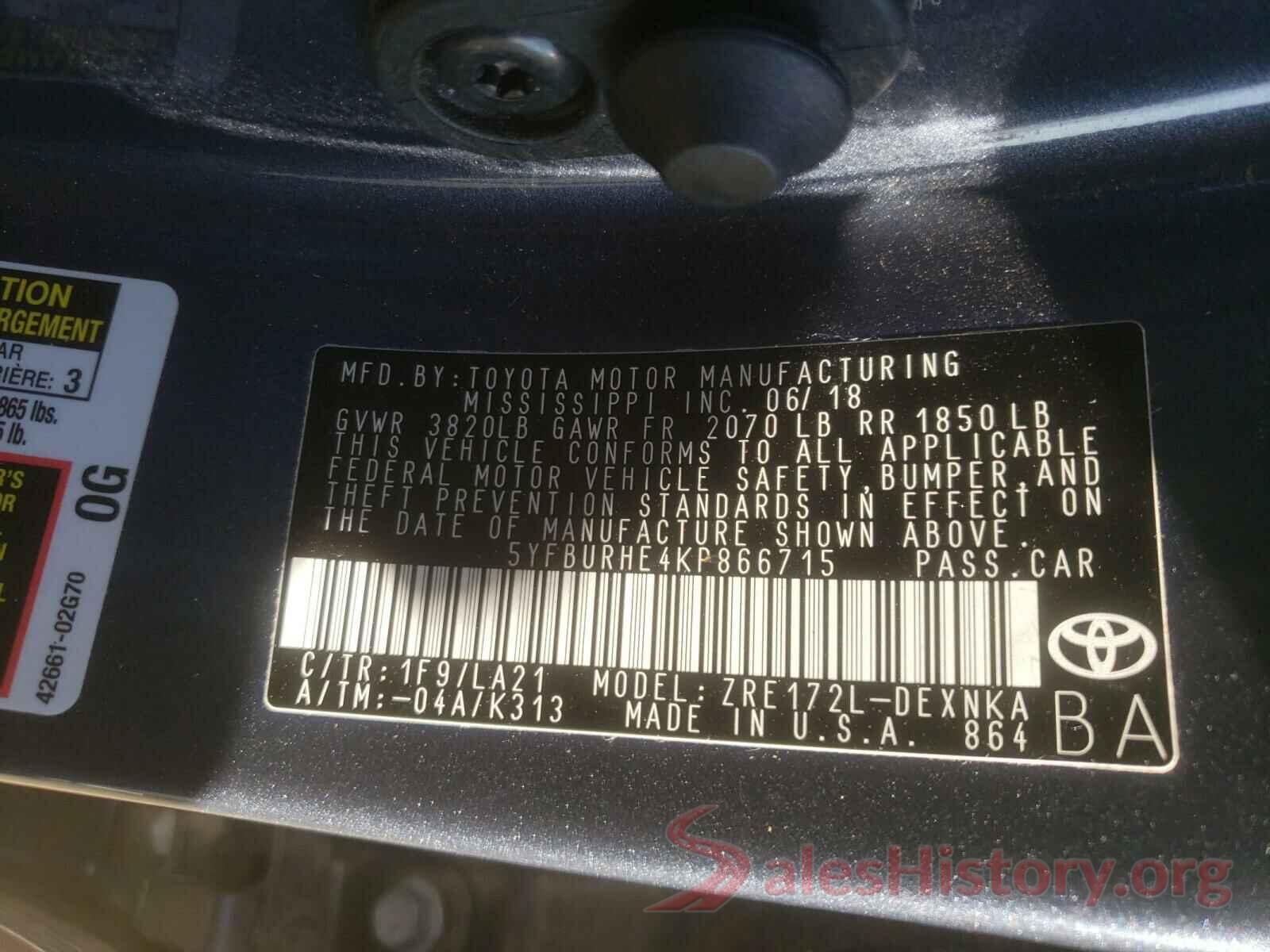 5YFBURHE4KP866715 2019 TOYOTA COROLLA