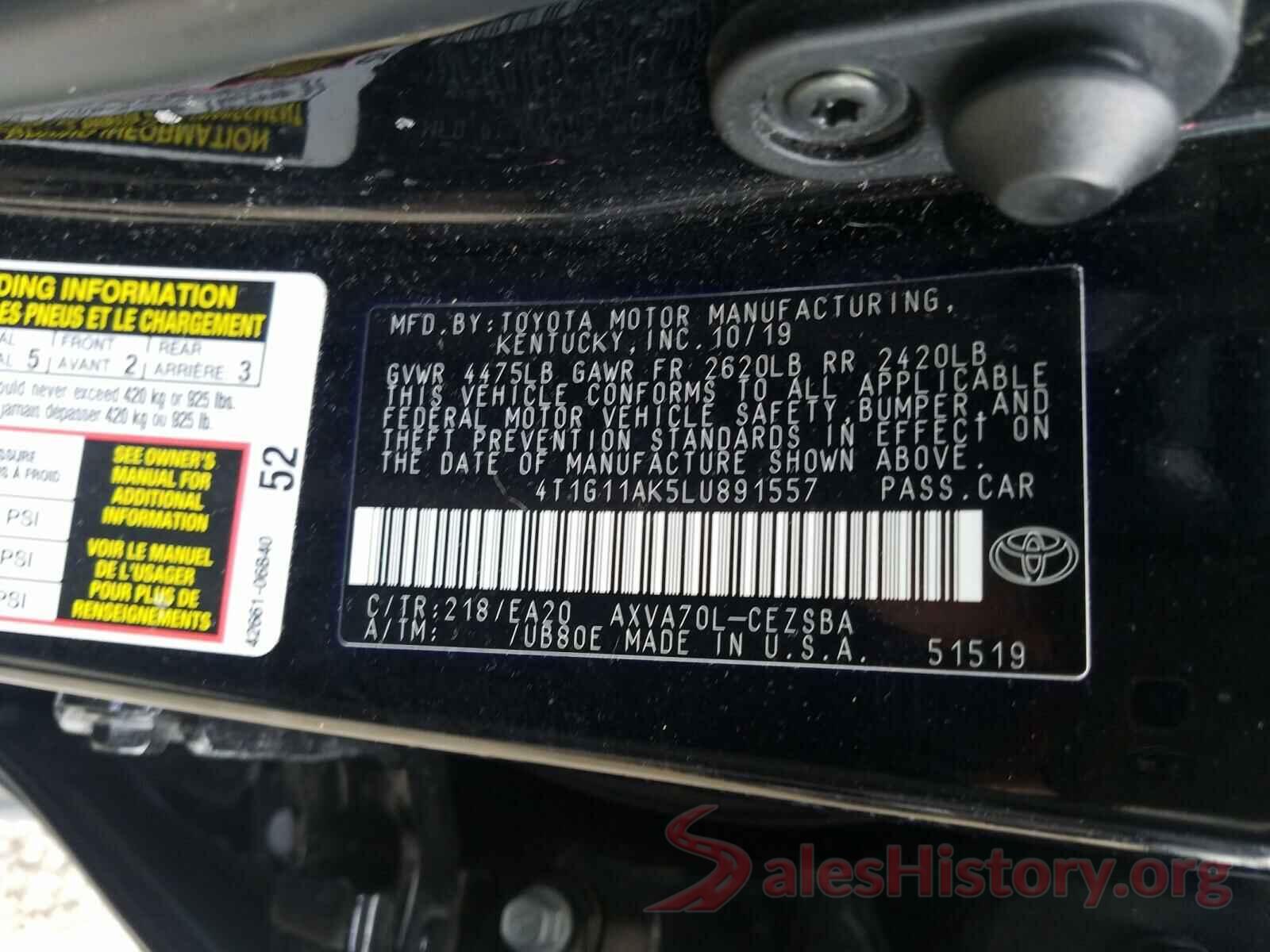 4T1G11AK5LU891557 2020 TOYOTA CAMRY