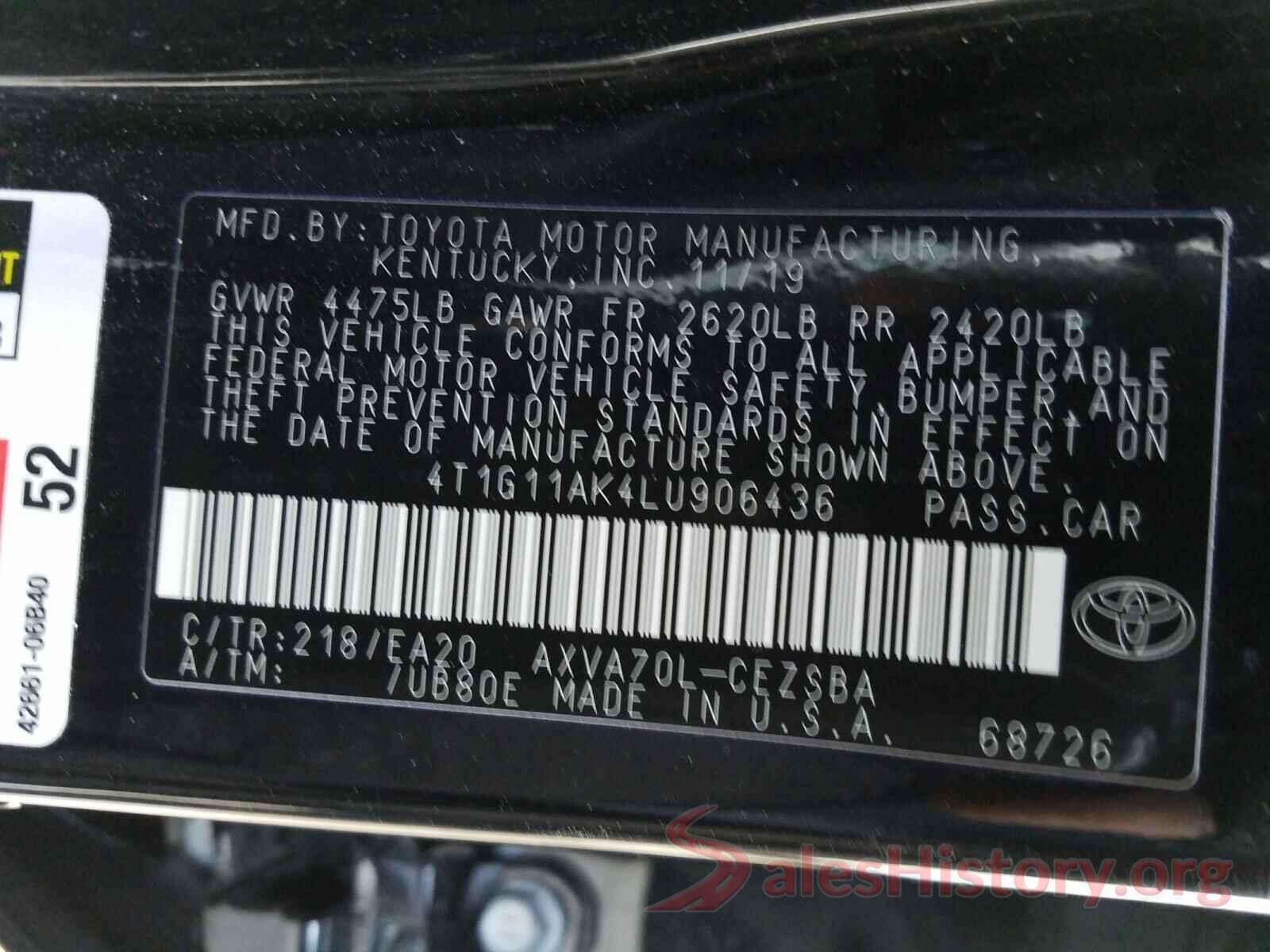 4T1G11AK4LU906436 2020 TOYOTA CAMRY