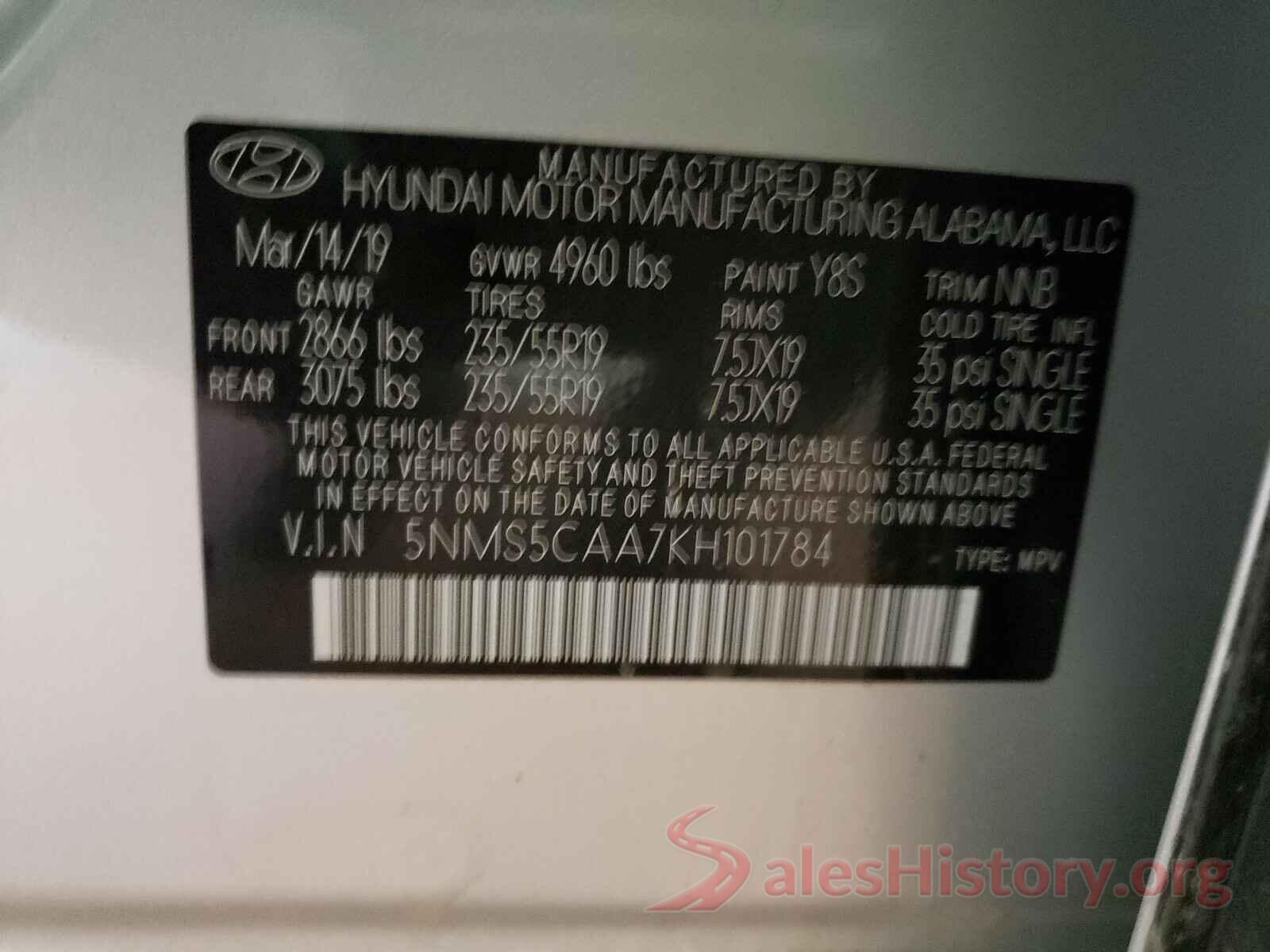 5NMS5CAA7KH101784 2019 HYUNDAI SANTA FE