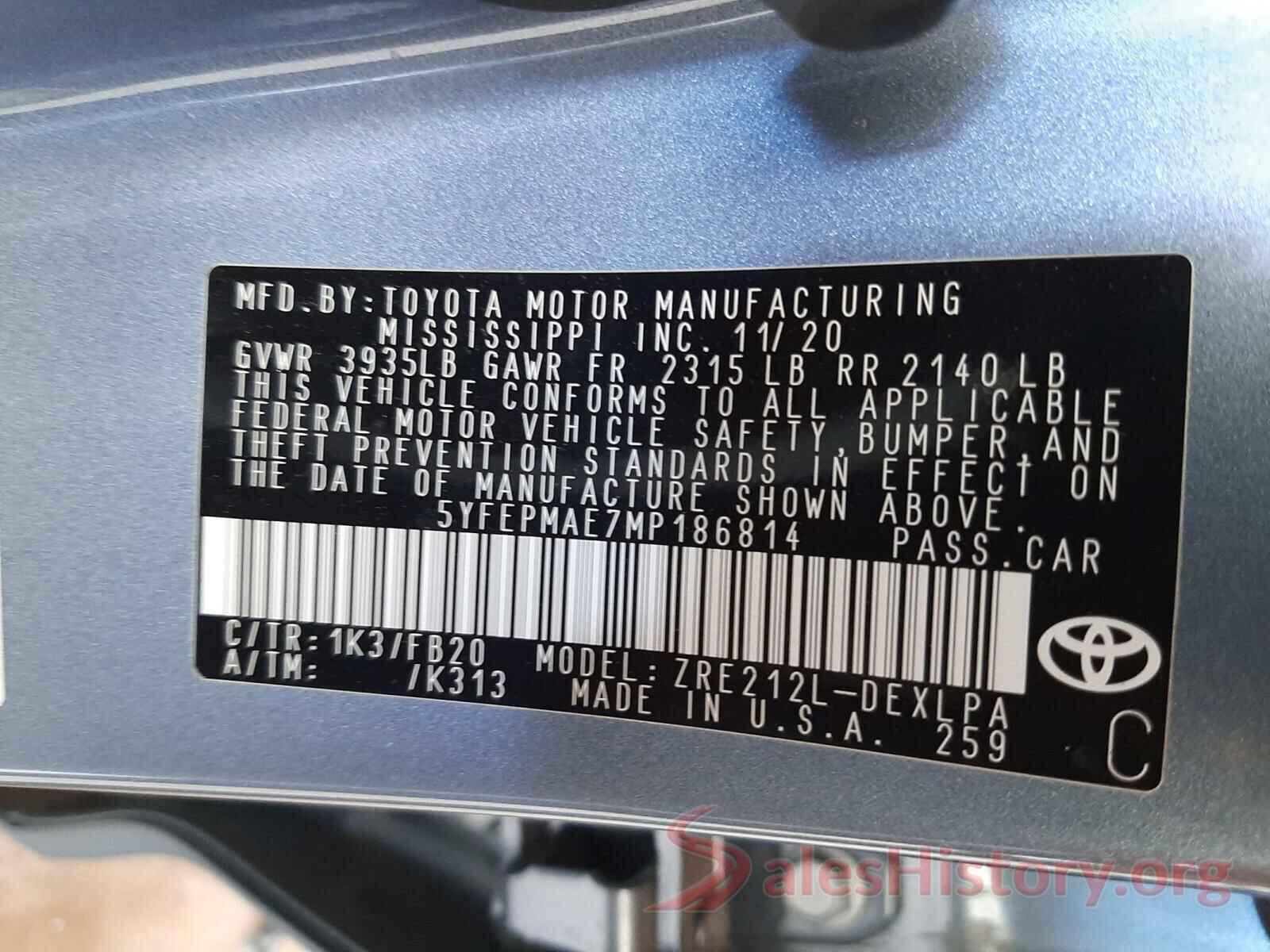 5YFEPMAE7MP186814 2021 TOYOTA COROLLA