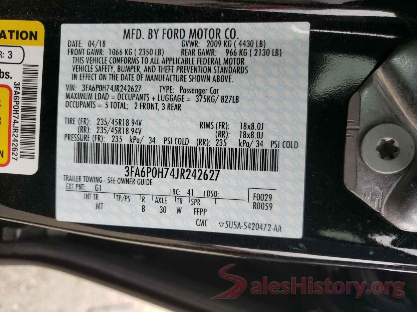 3FA6P0H74JR242627 2018 FORD FUSION