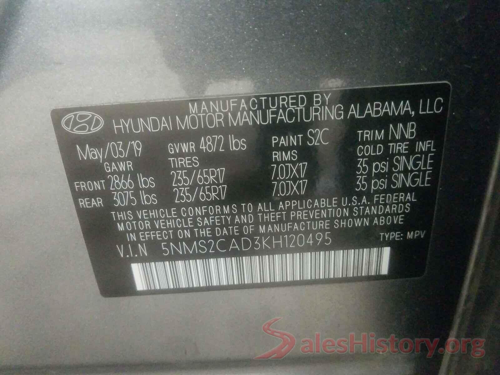 5NMS2CAD3KH120495 2019 HYUNDAI SANTA FE