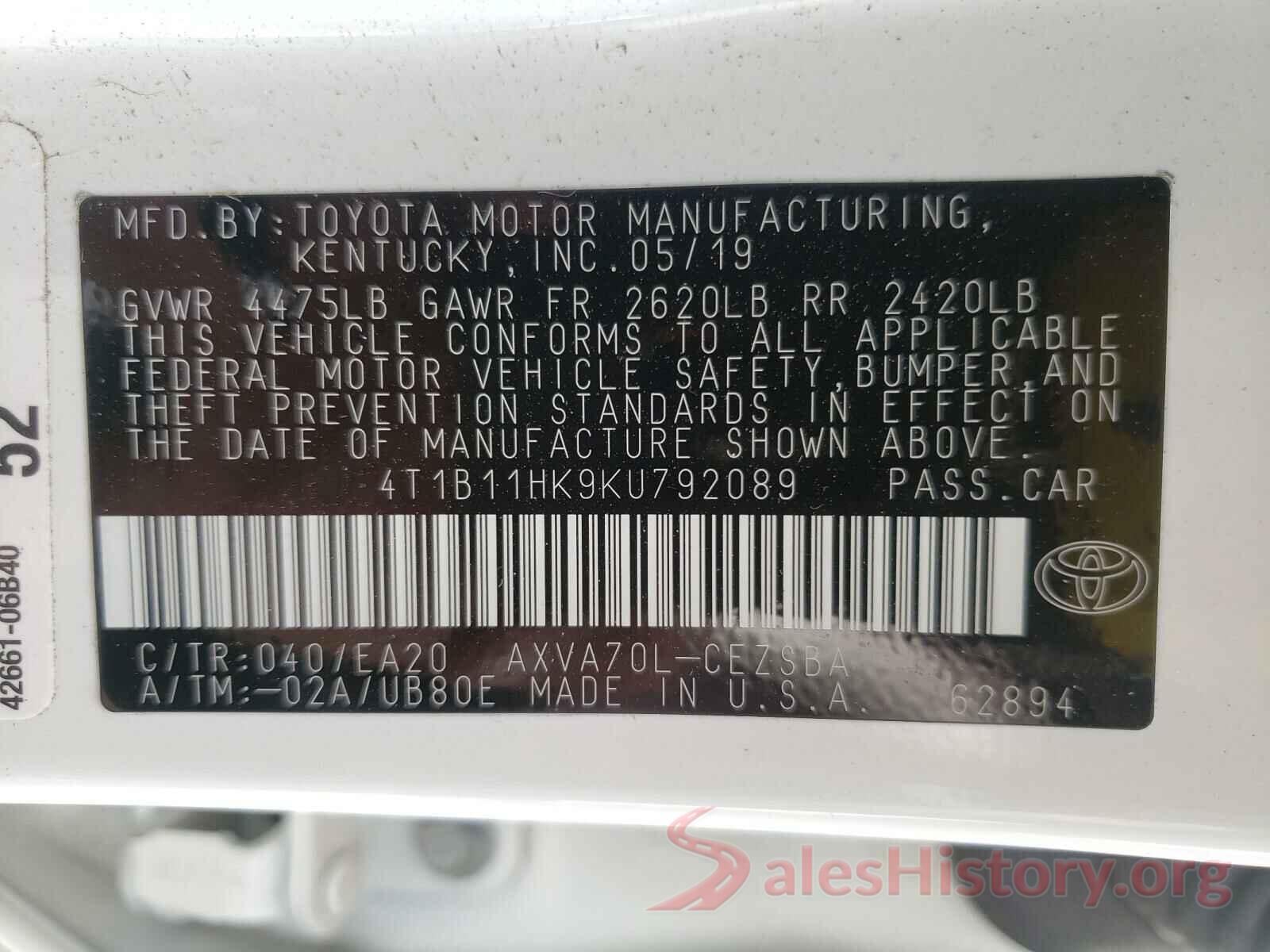 4T1B11HK9KU792089 2019 TOYOTA CAMRY