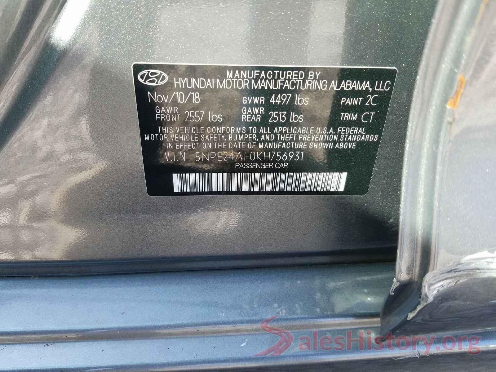 5NPE24AF0KH756931 2019 HYUNDAI SONATA