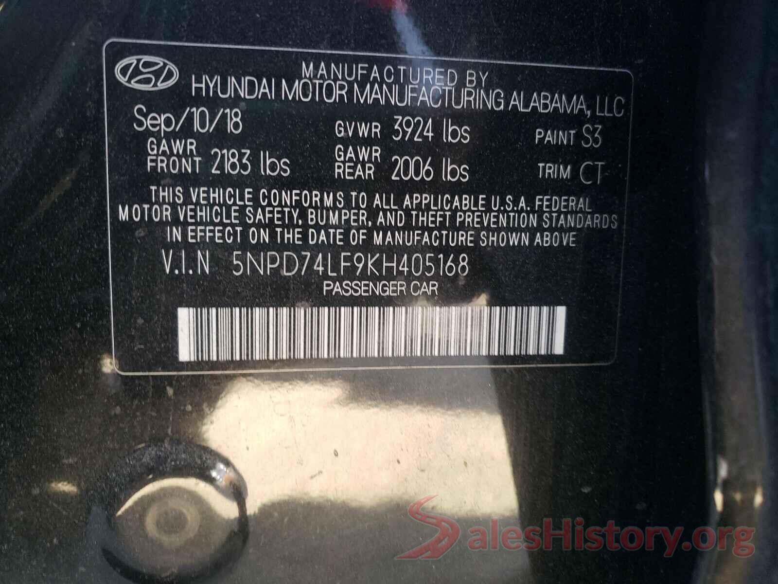 5NPD74LF9KH405168 2019 HYUNDAI ELANTRA