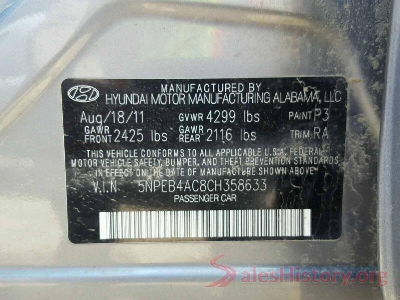 5NPEB4AC8CH358633 2012 HYUNDAI SONATA