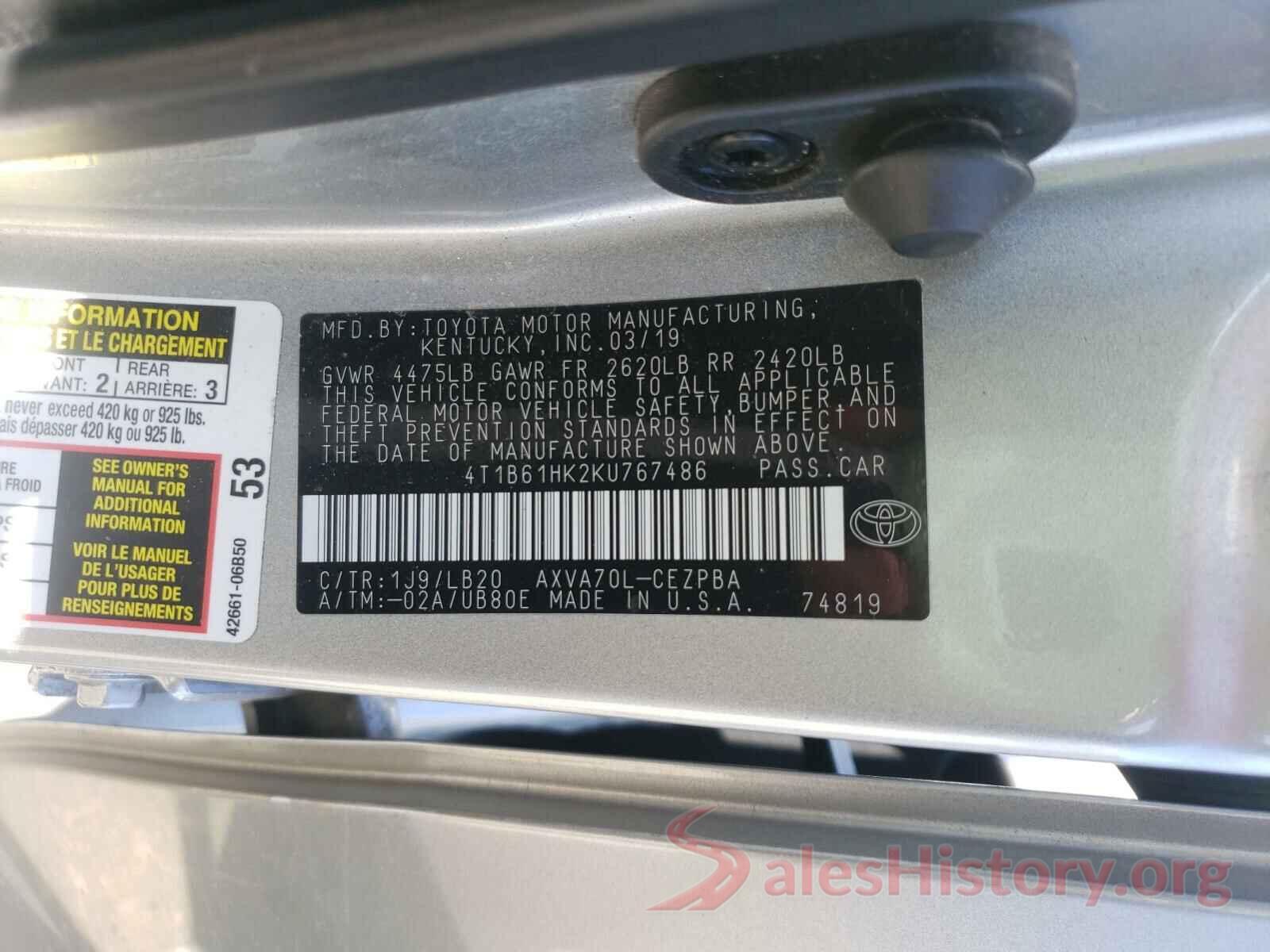 4T1B61HK2KU767486 2019 TOYOTA CAMRY