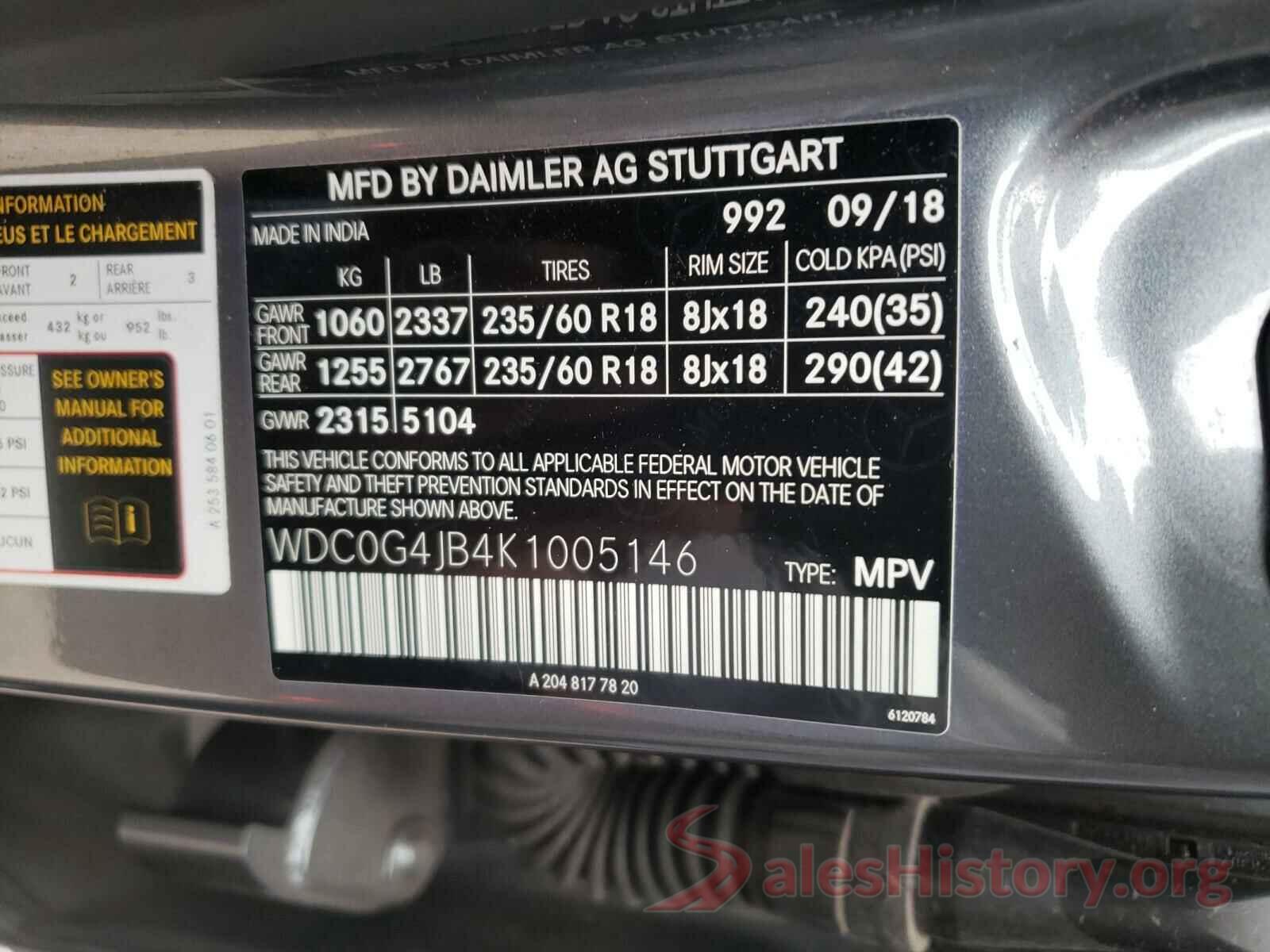 WDC0G4JB4K1005146 2019 MERCEDES-BENZ G CLASS