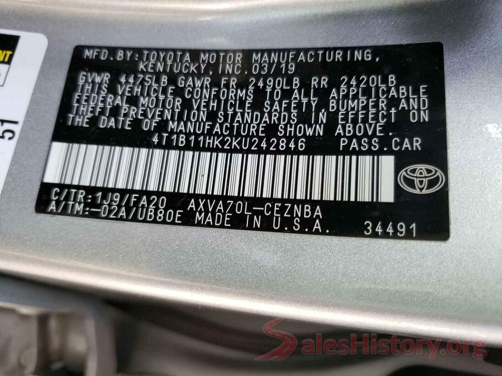 4T1B11HK2KU242846 2019 TOYOTA CAMRY