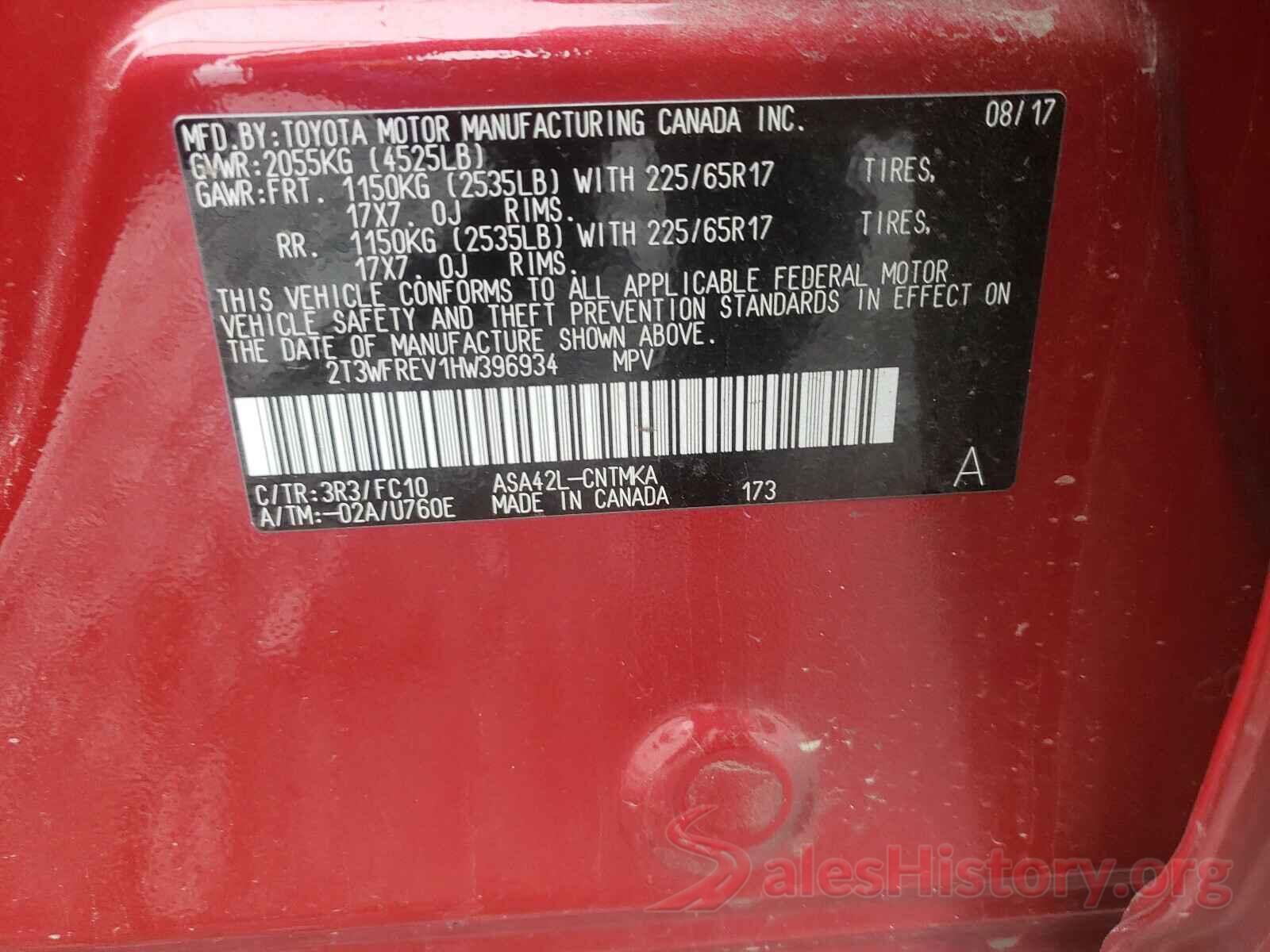 2T3WFREV1HW396934 2017 TOYOTA RAV4