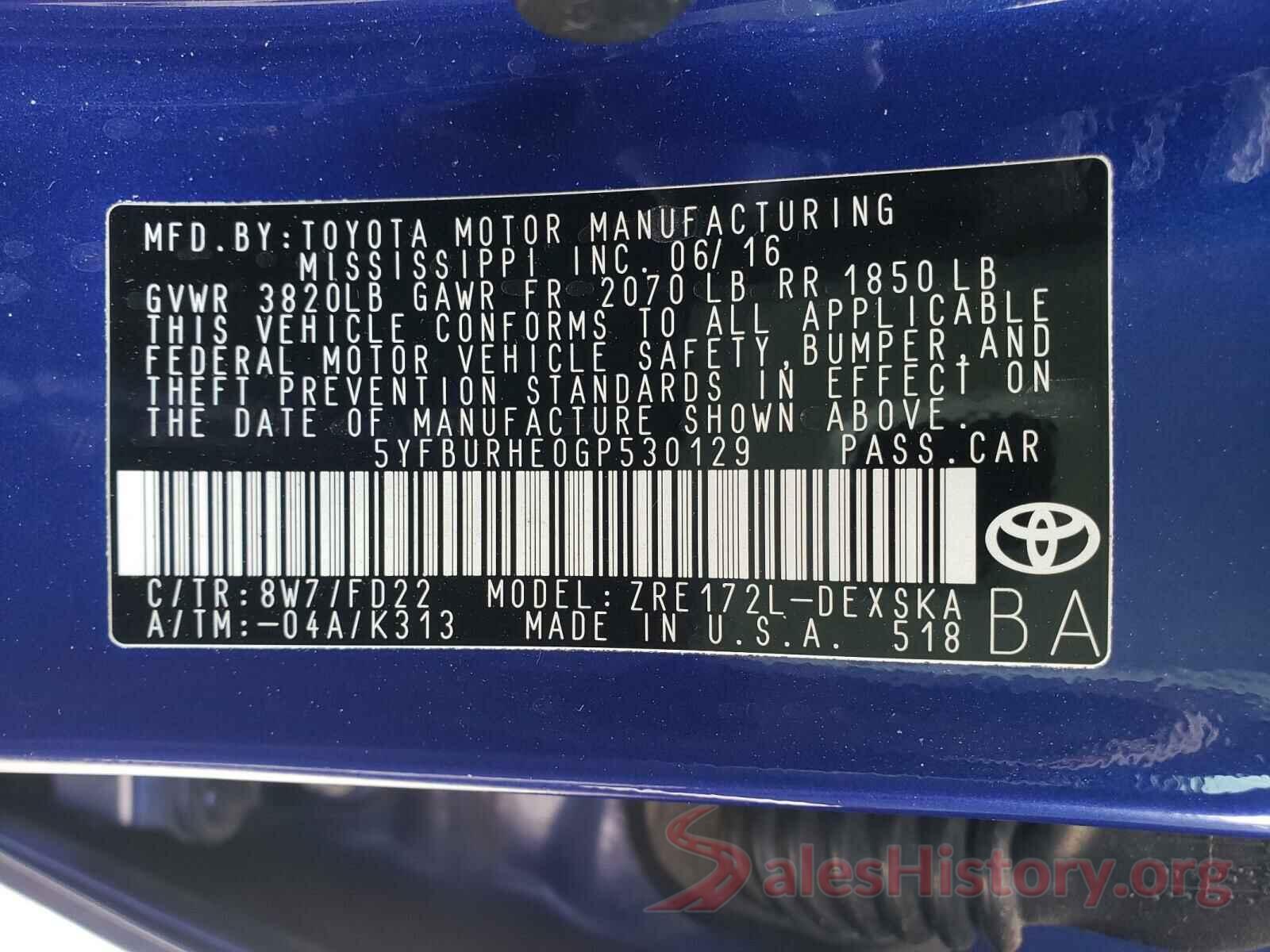 5YFBURHE0GP530129 2016 TOYOTA COROLLA