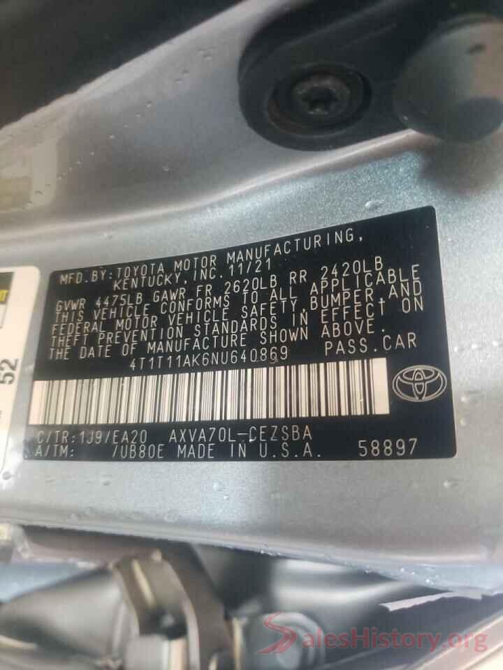 4T1T11AK6NU640869 2022 TOYOTA CAMRY