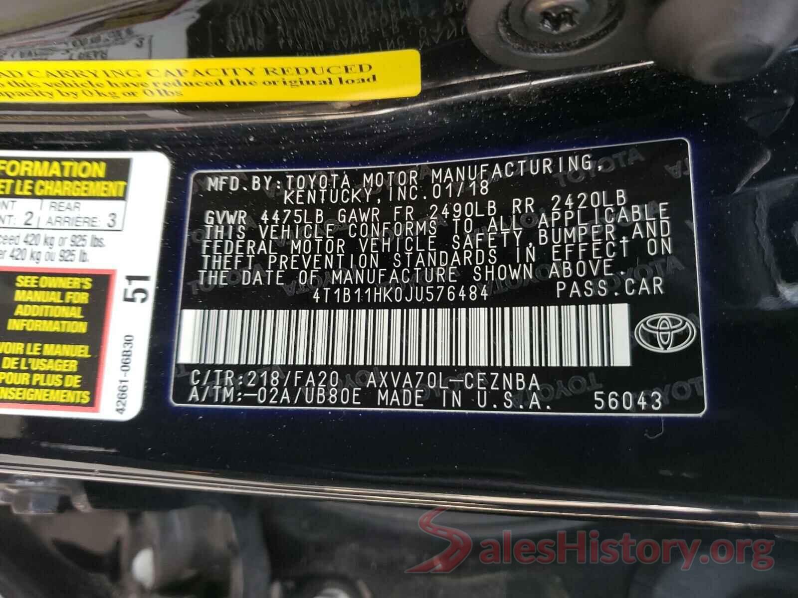 4T1B11HK0JU576484 2018 TOYOTA CAMRY