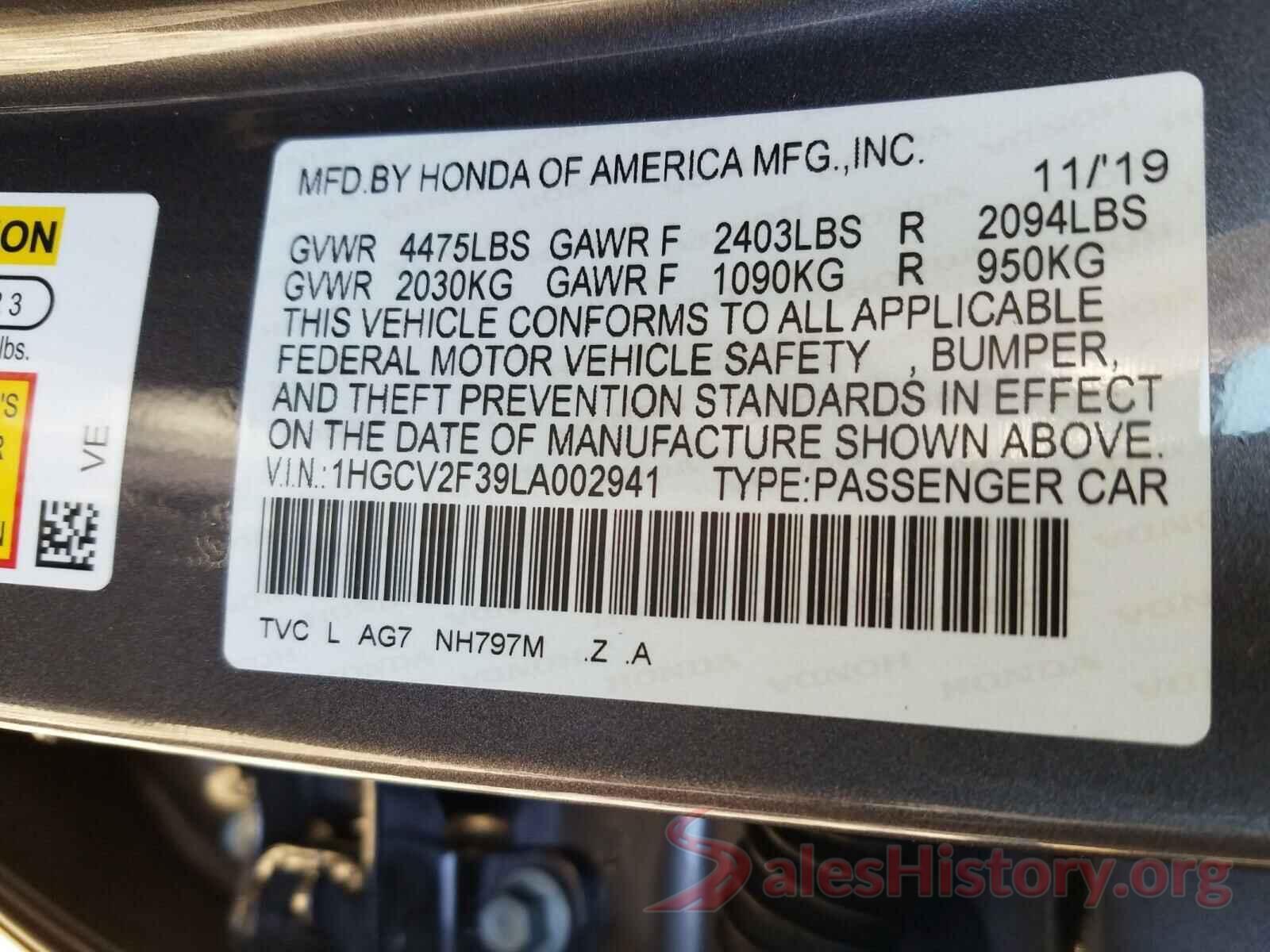 1HGCV2F39LA002941 2020 HONDA ACCORD