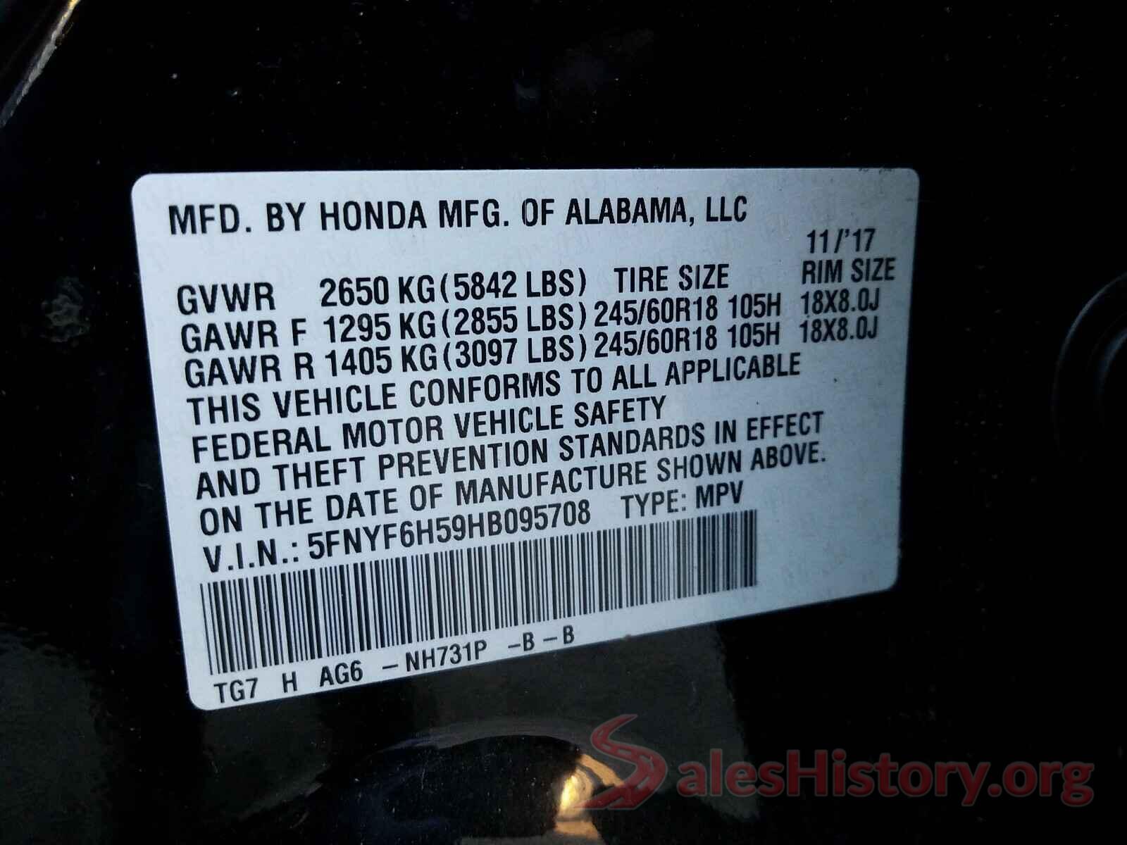 5FNYF6H59HB095708 2017 HONDA PILOT