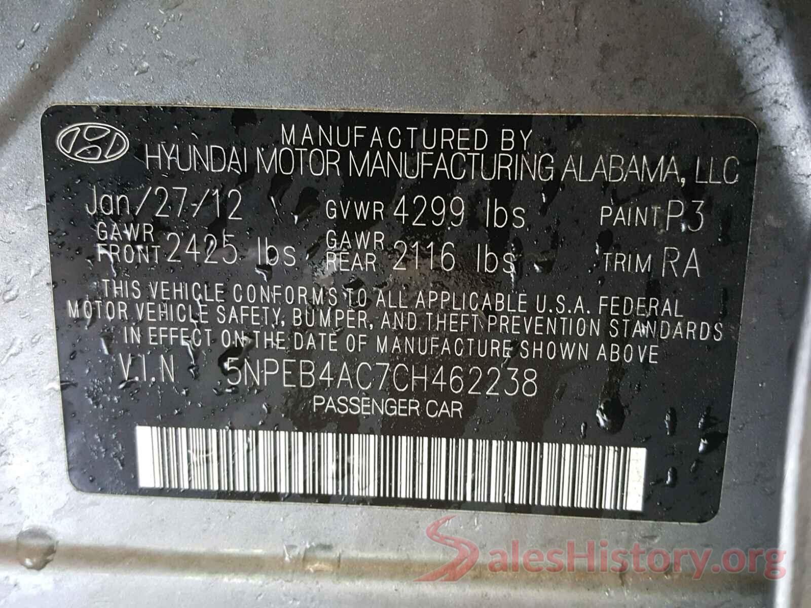 5NPEB4AC7CH462238 2012 HYUNDAI SONATA