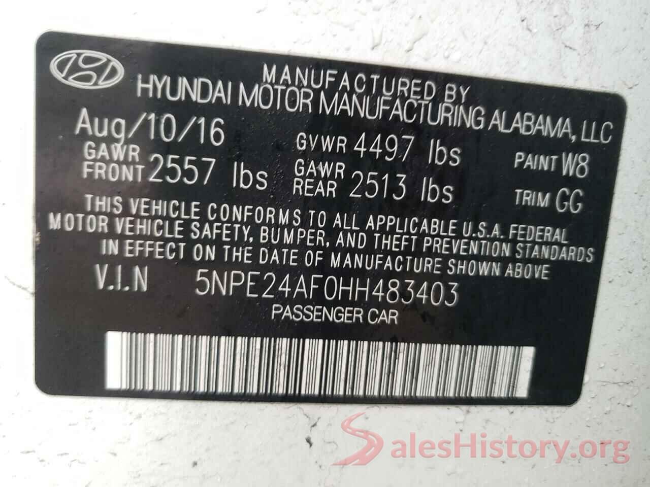 5NPE24AF0HH483403 2017 HYUNDAI SONATA