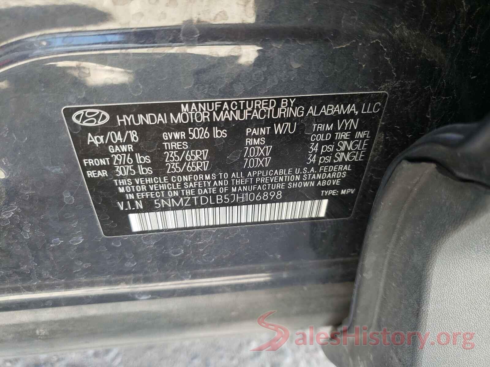 5NMZTDLB5JH106898 2018 HYUNDAI SANTA FE