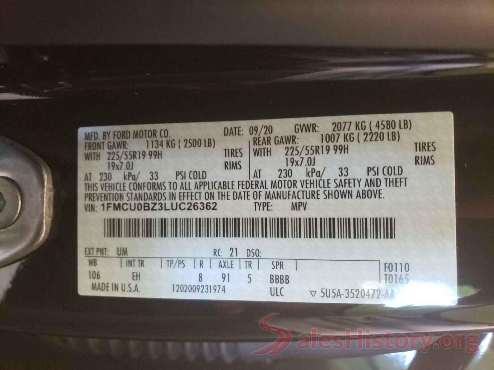 1FMCU0BZ3LUC26362 2020 FORD ESCAPE