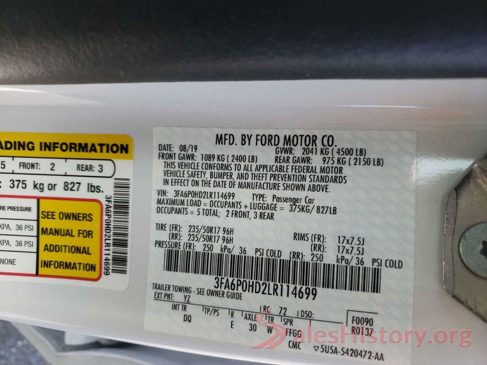 3FA6P0HD2LR114699 2020 FORD FUSION