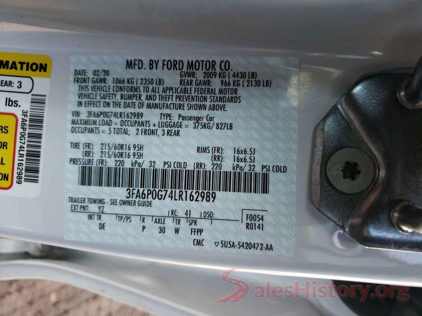 3FA6P0G74LR162989 2020 FORD FUSION