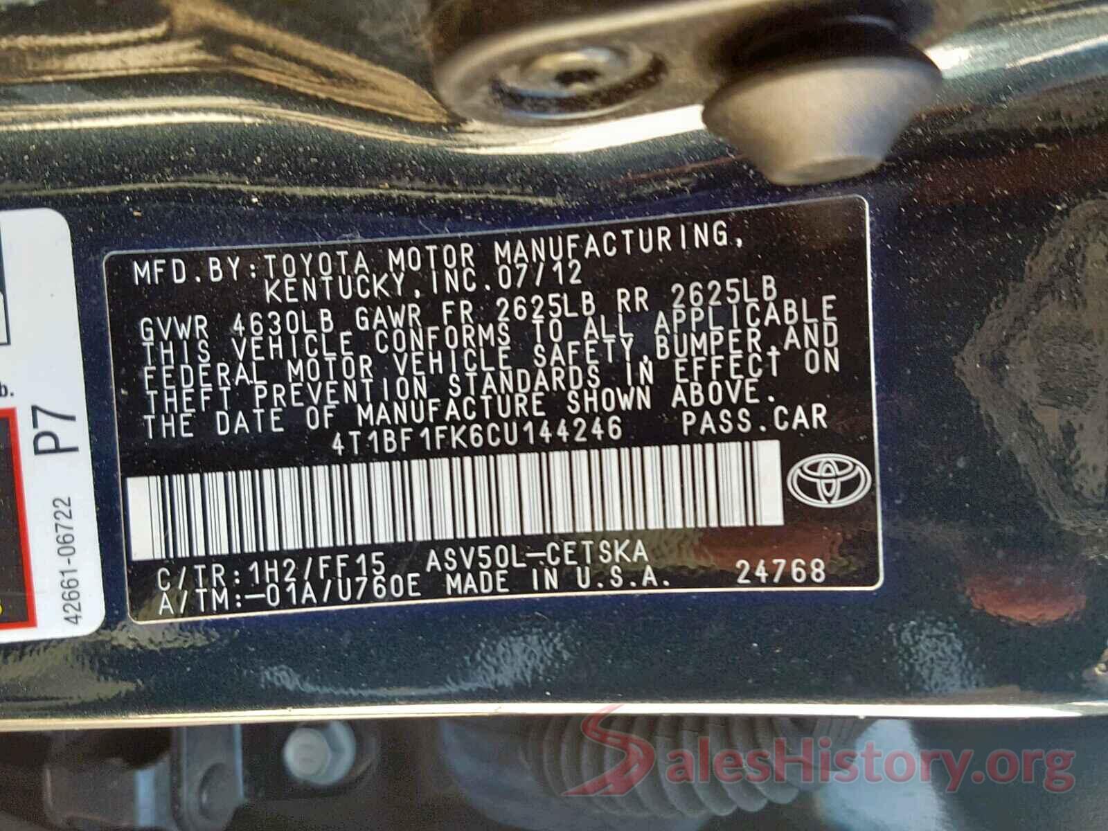 4T1BF1FK6CU144246 2012 TOYOTA CAMRY BASE