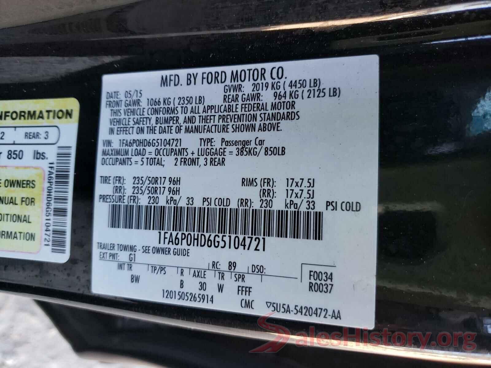 1FA6P0HD6G5104721 2016 FORD FUSION