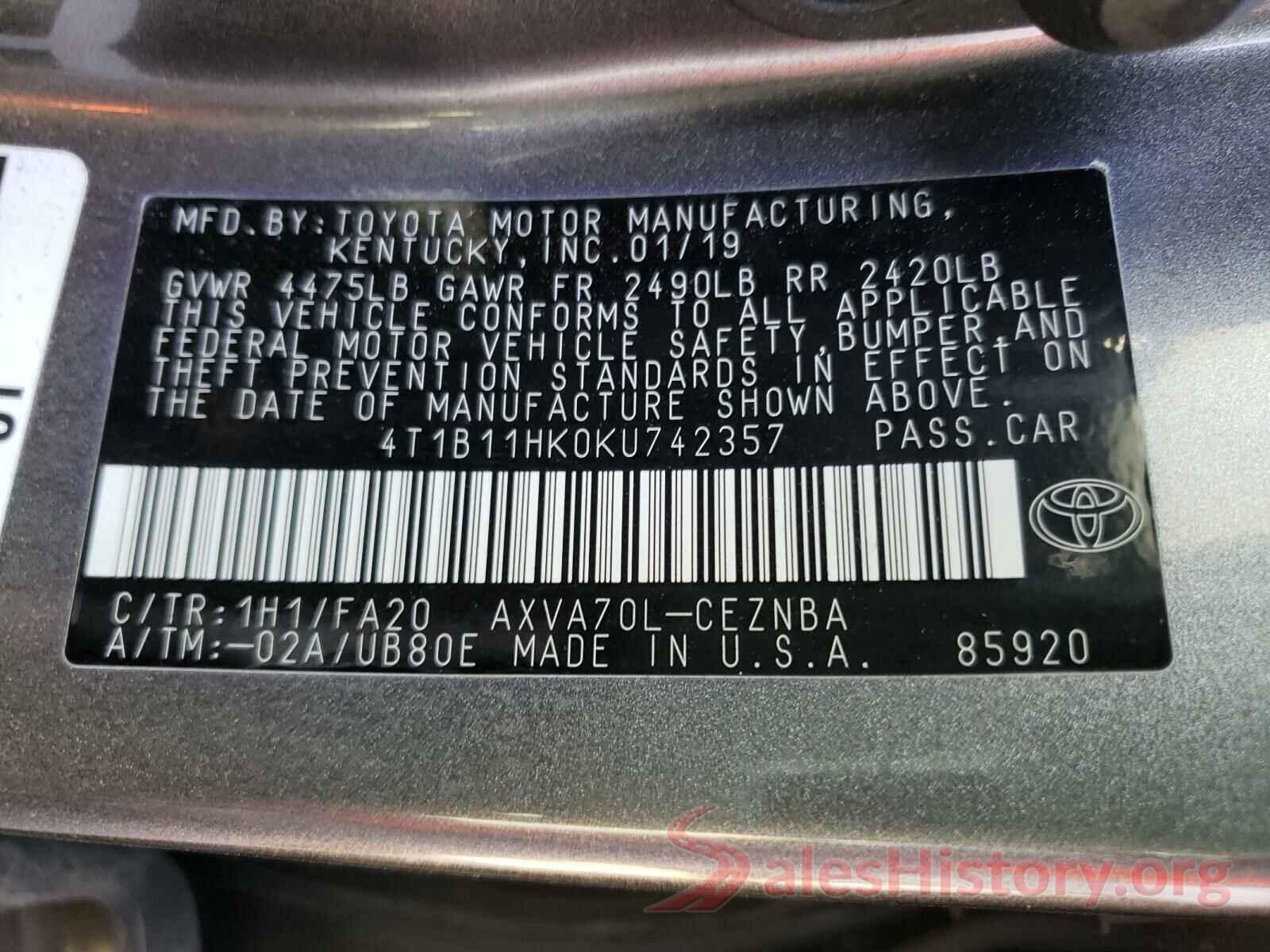 4T1B11HK0KU742357 2019 TOYOTA CAMRY