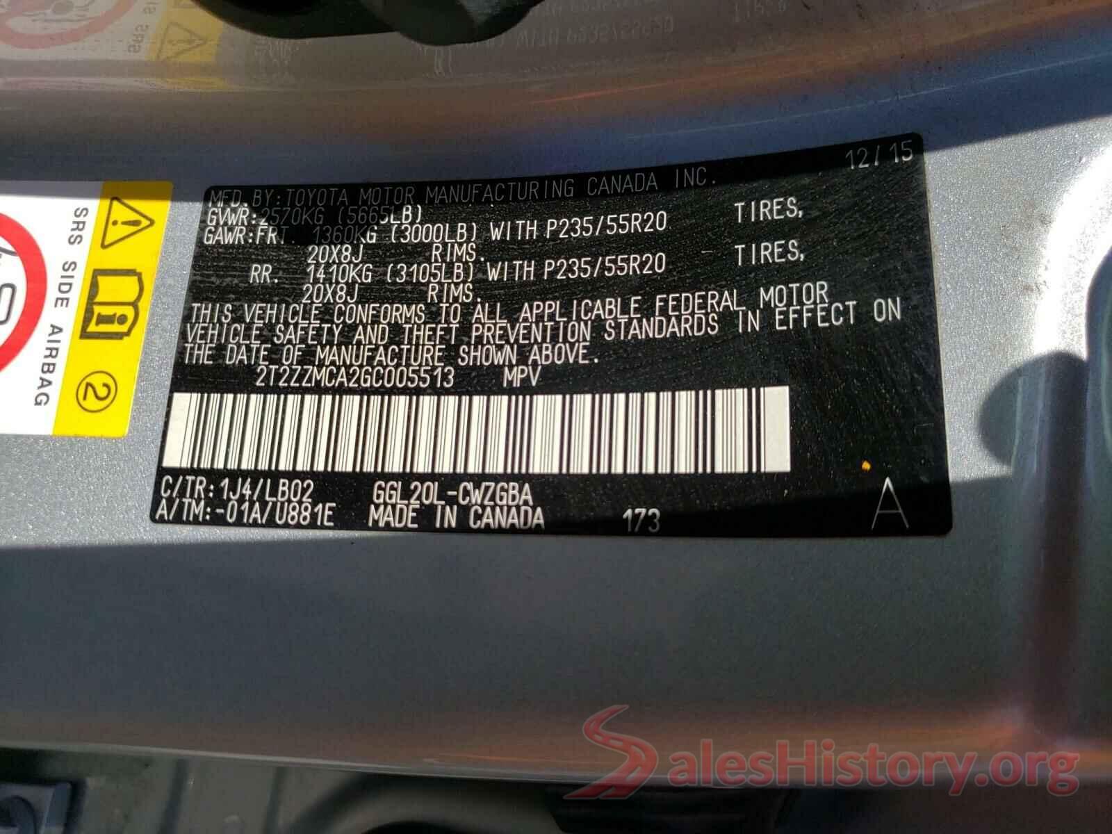 2T2ZZMCA2GC005513 2016 LEXUS RX350