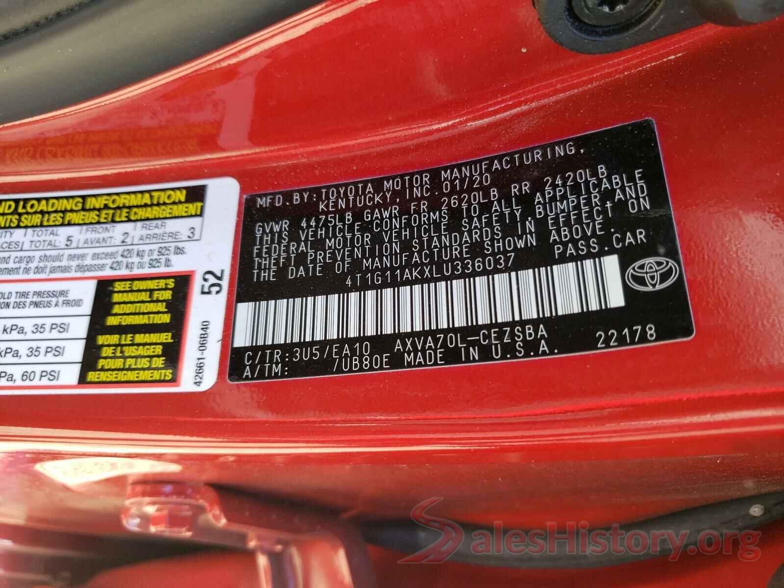 4T1G11AKXLU336037 2020 TOYOTA CAMRY