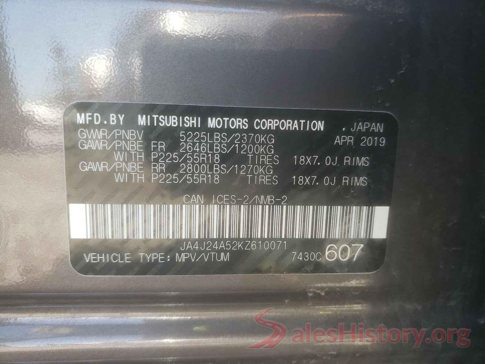 JA4J24A52KZ610071 2019 MITSUBISHI OUTLANDER