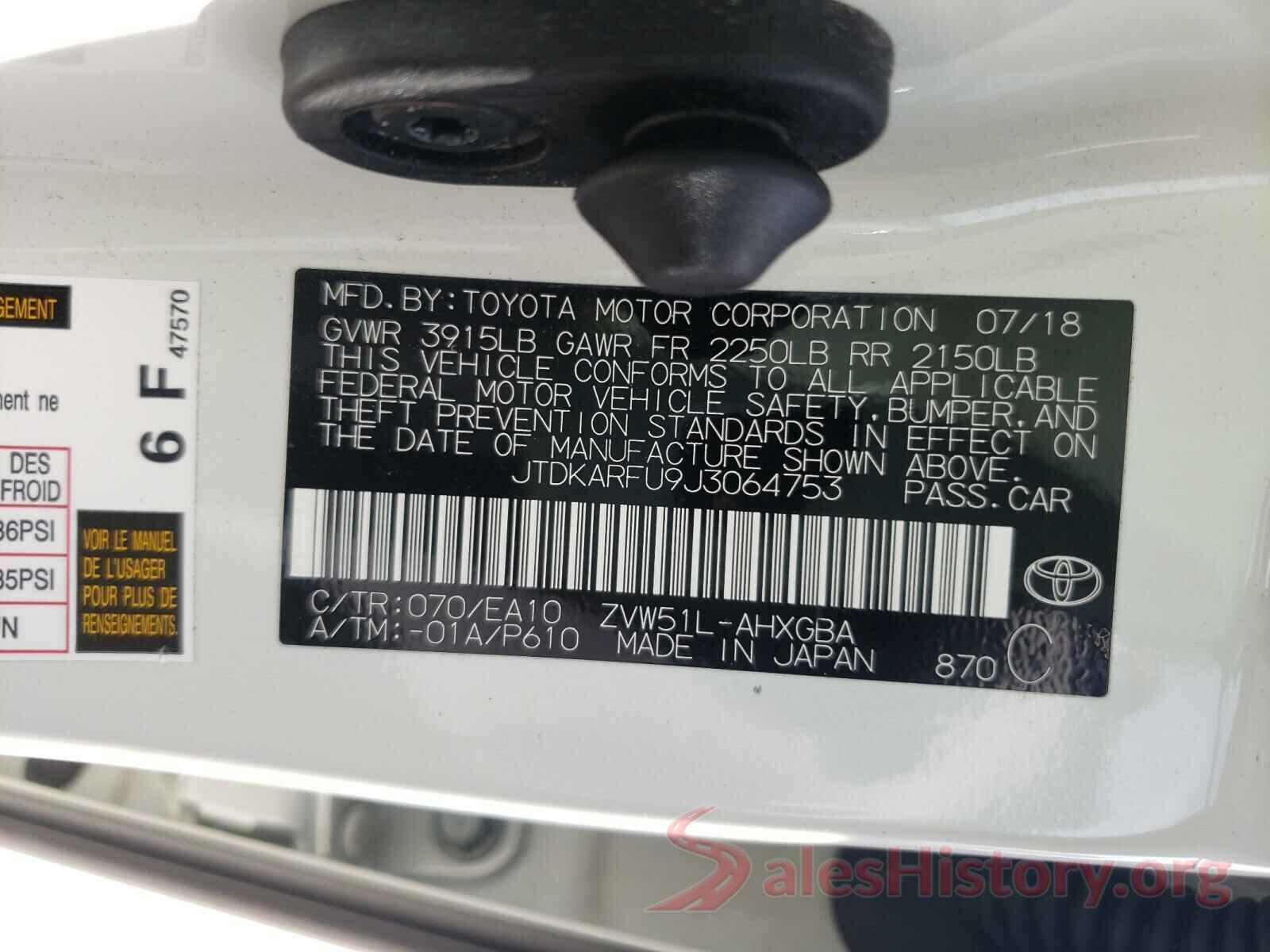 JTDKARFU9J3064753 2018 TOYOTA PRIUS