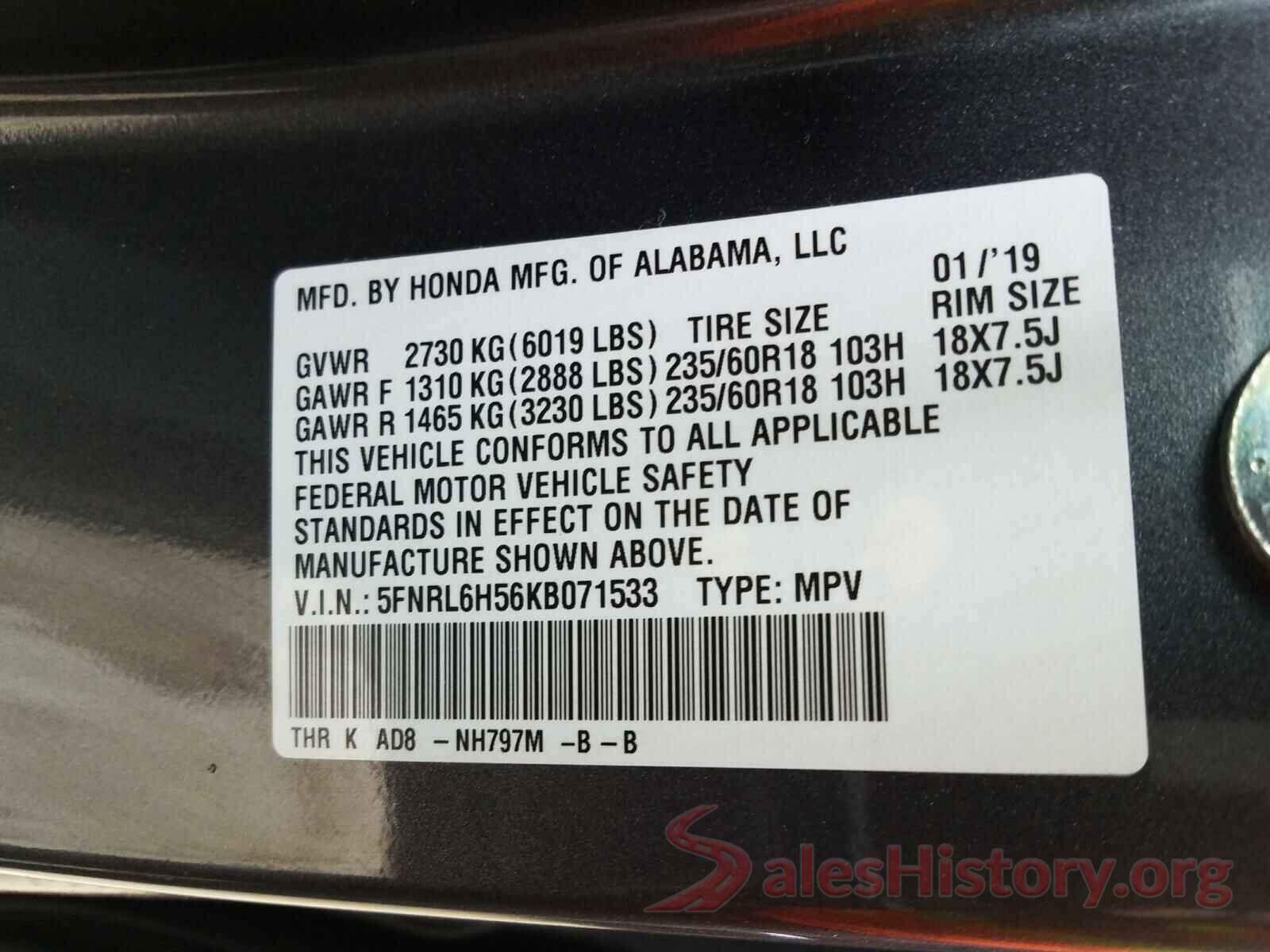 5FNRL6H56KB071533 2019 HONDA ODYSSEY