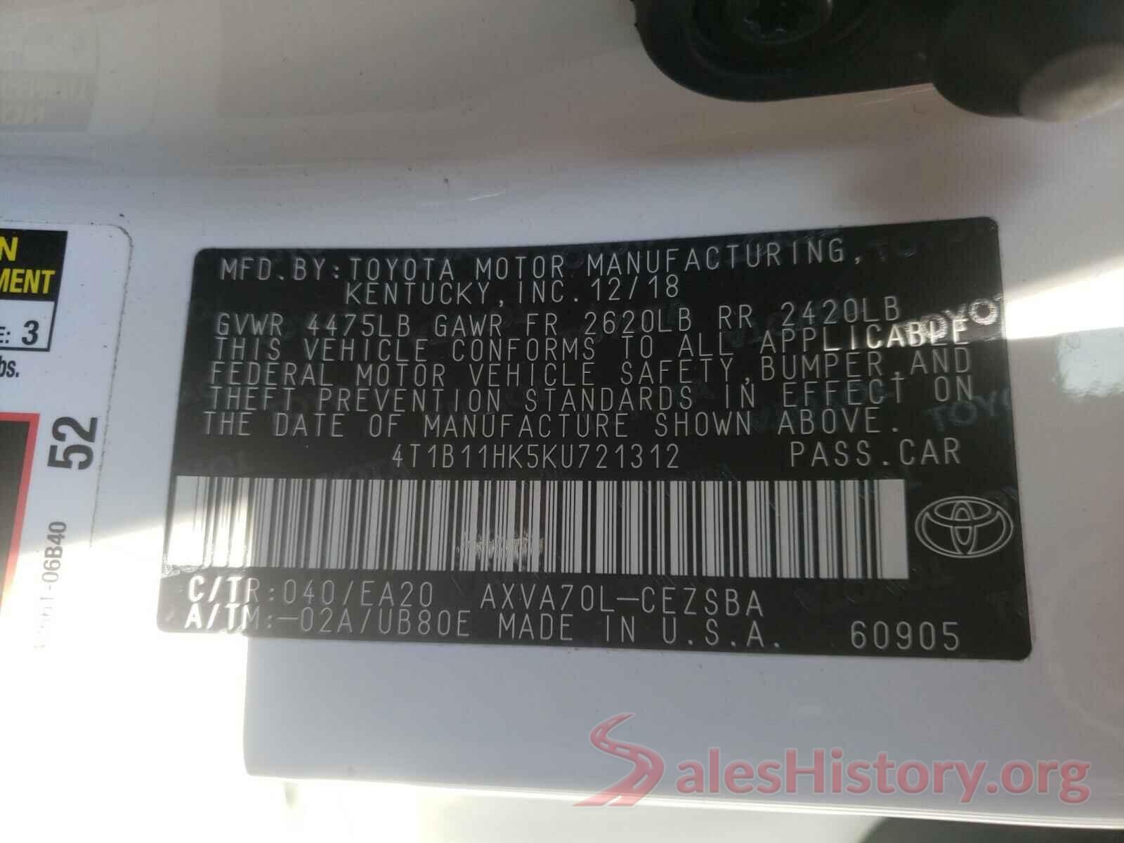 4T1B11HK5KU721312 2019 TOYOTA CAMRY