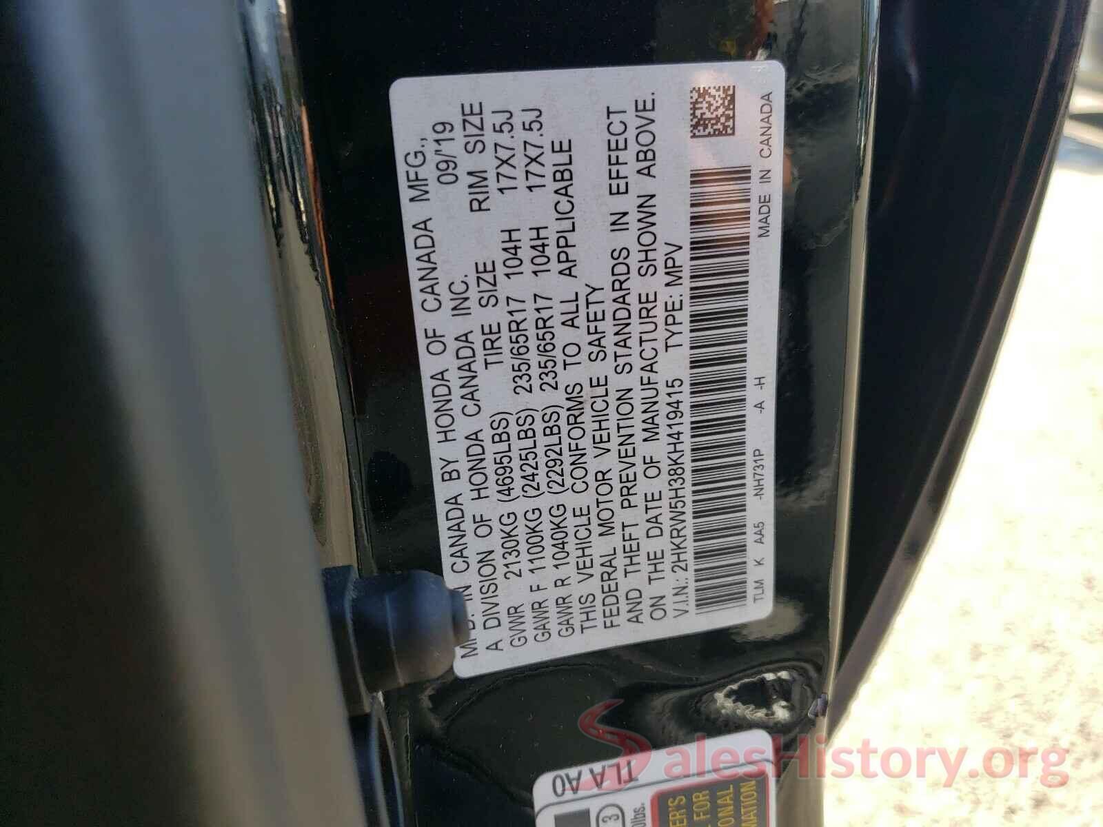 2HKRW5H38KH419415 2019 HONDA CRV