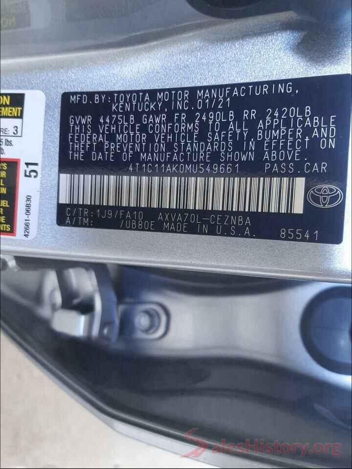 4T1C11AK0MU549661 2021 TOYOTA CAMRY