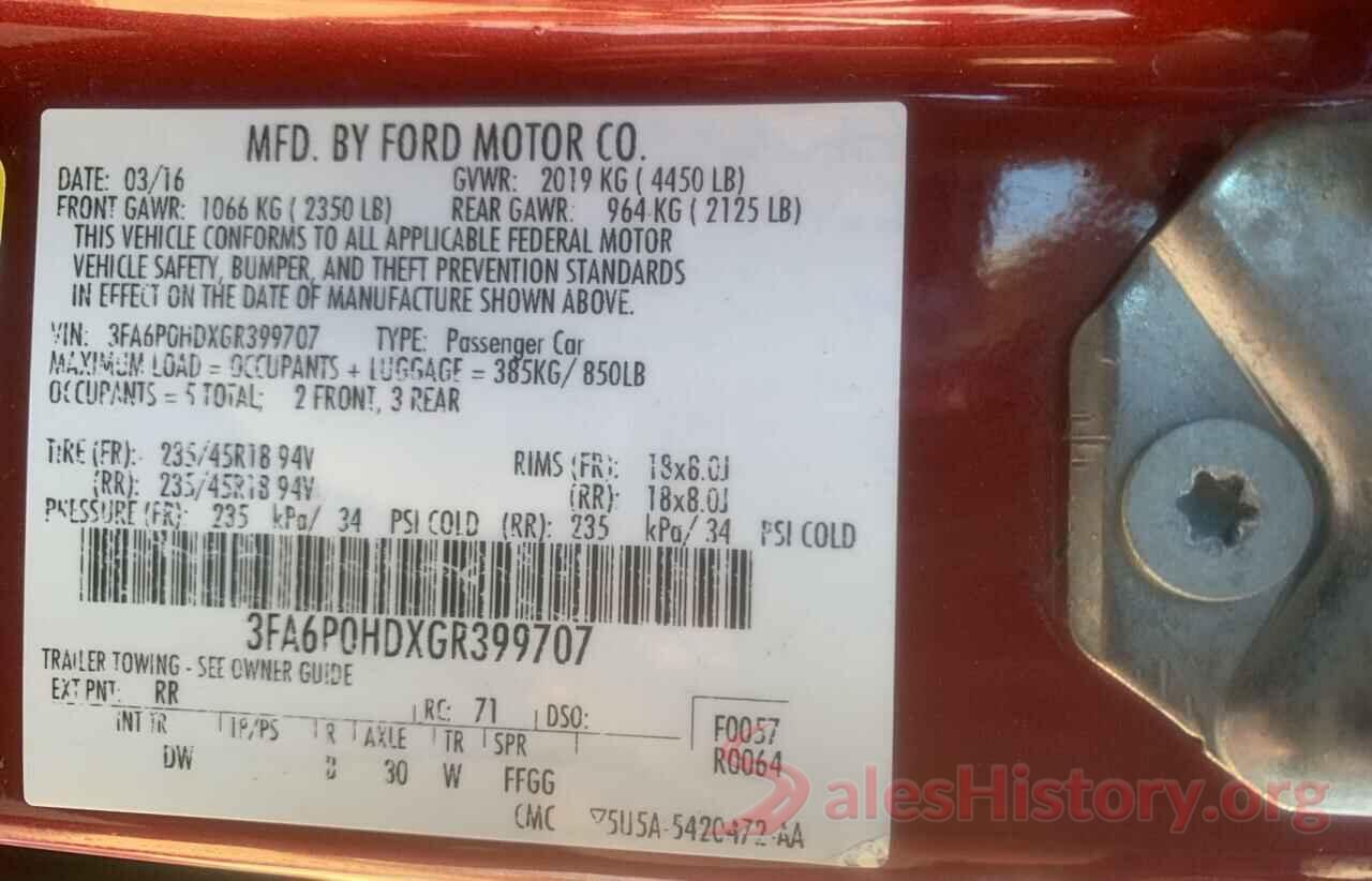 3FA6P0HDXGR399707 2016 FORD FUSION