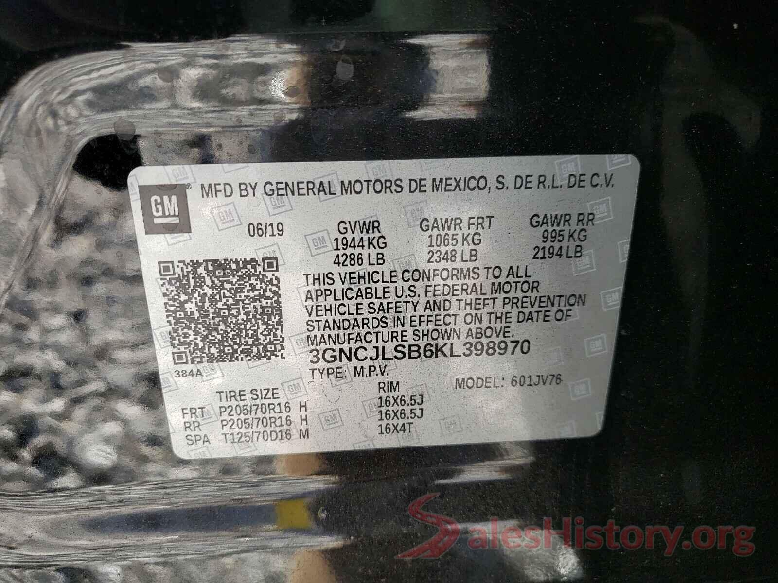 3GNCJLSB6KL398970 2019 CHEVROLET TRAX