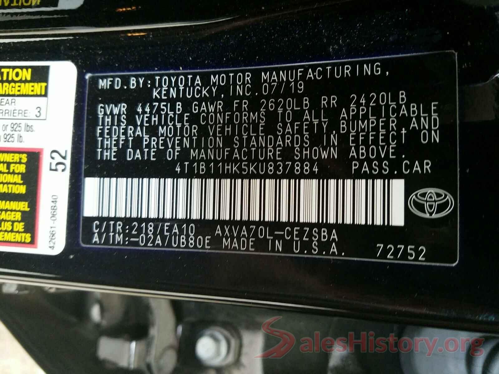 4T1B11HK5KU837884 2019 TOYOTA CAMRY