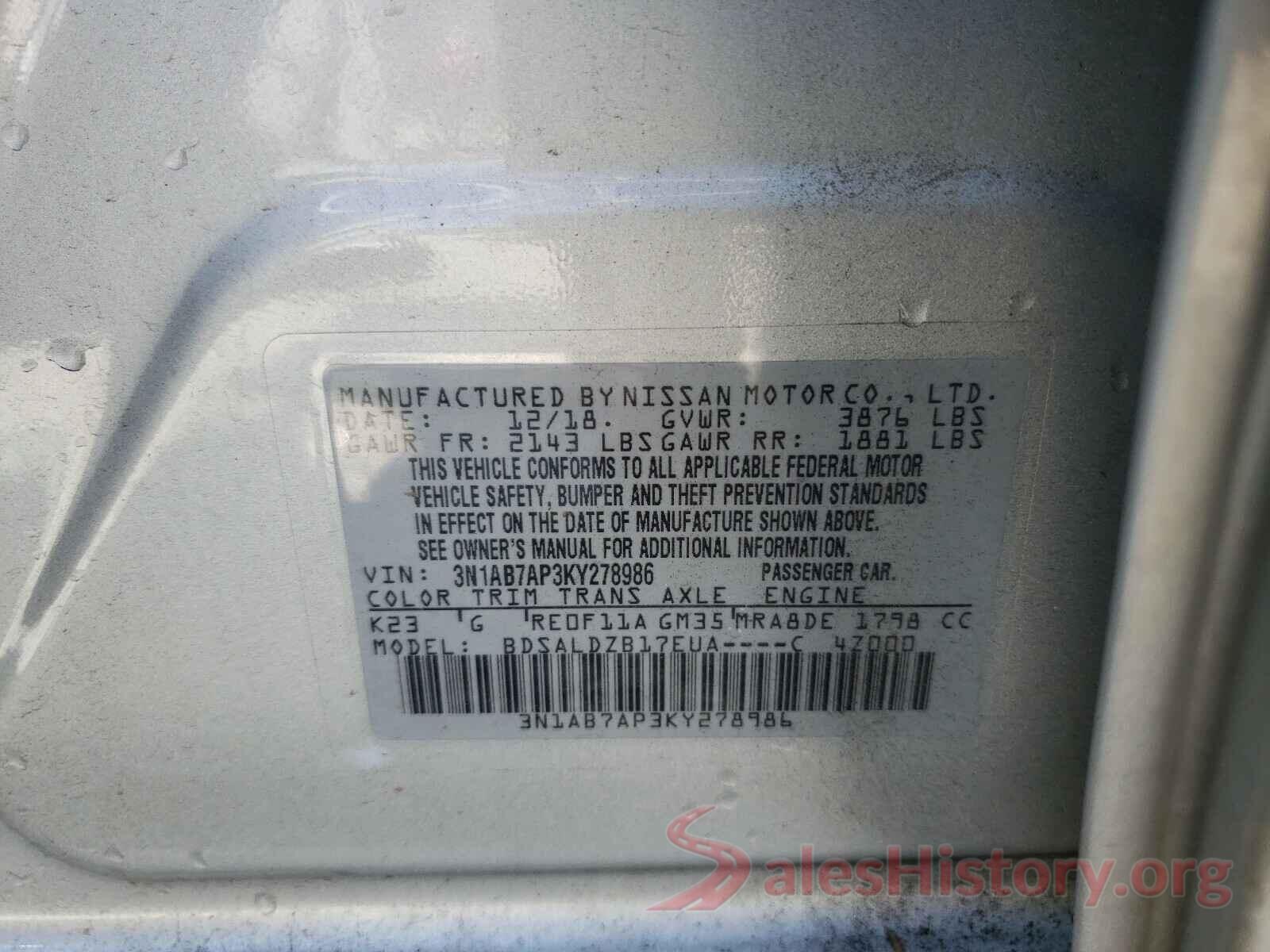 3N1AB7AP3KY278986 2019 NISSAN SENTRA